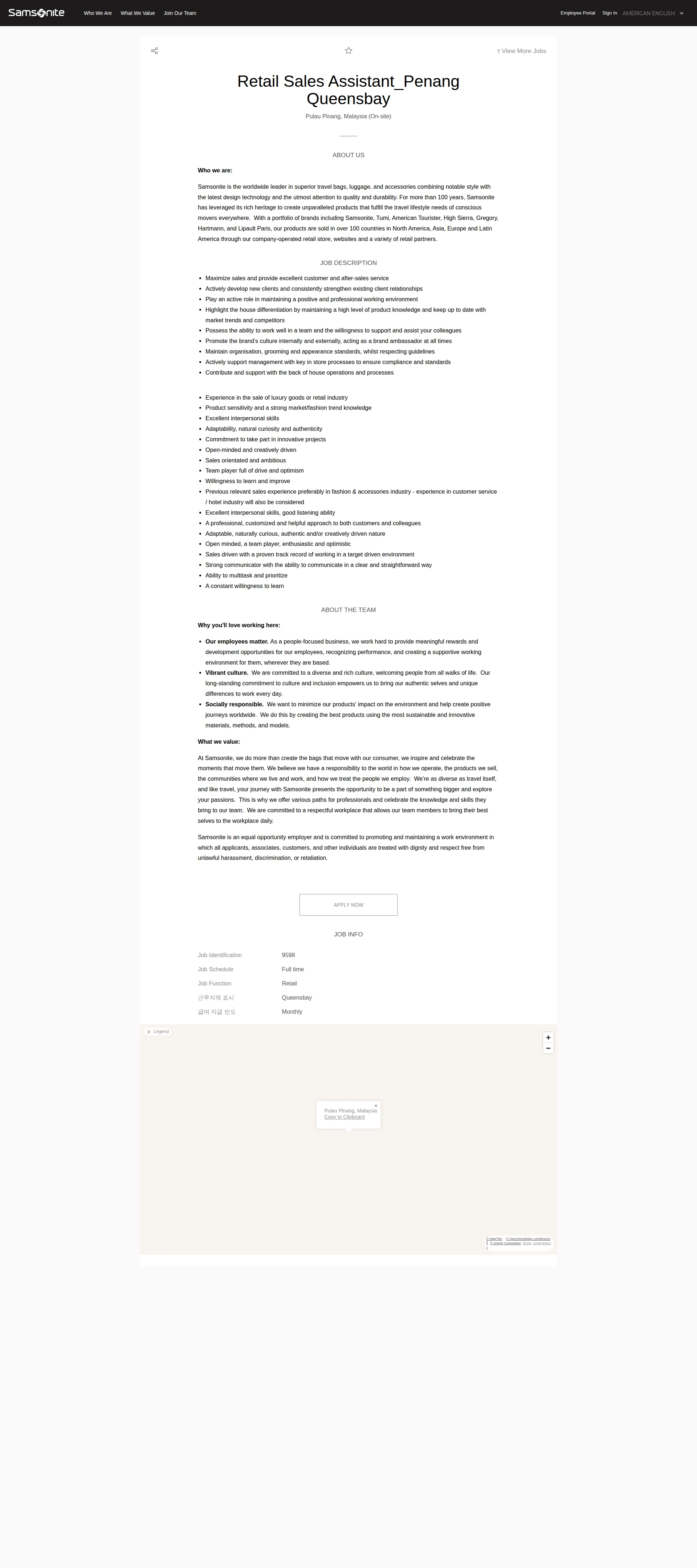 쌤소나이트 Retail Sales Assistant_Penang Queensbay 채용공고