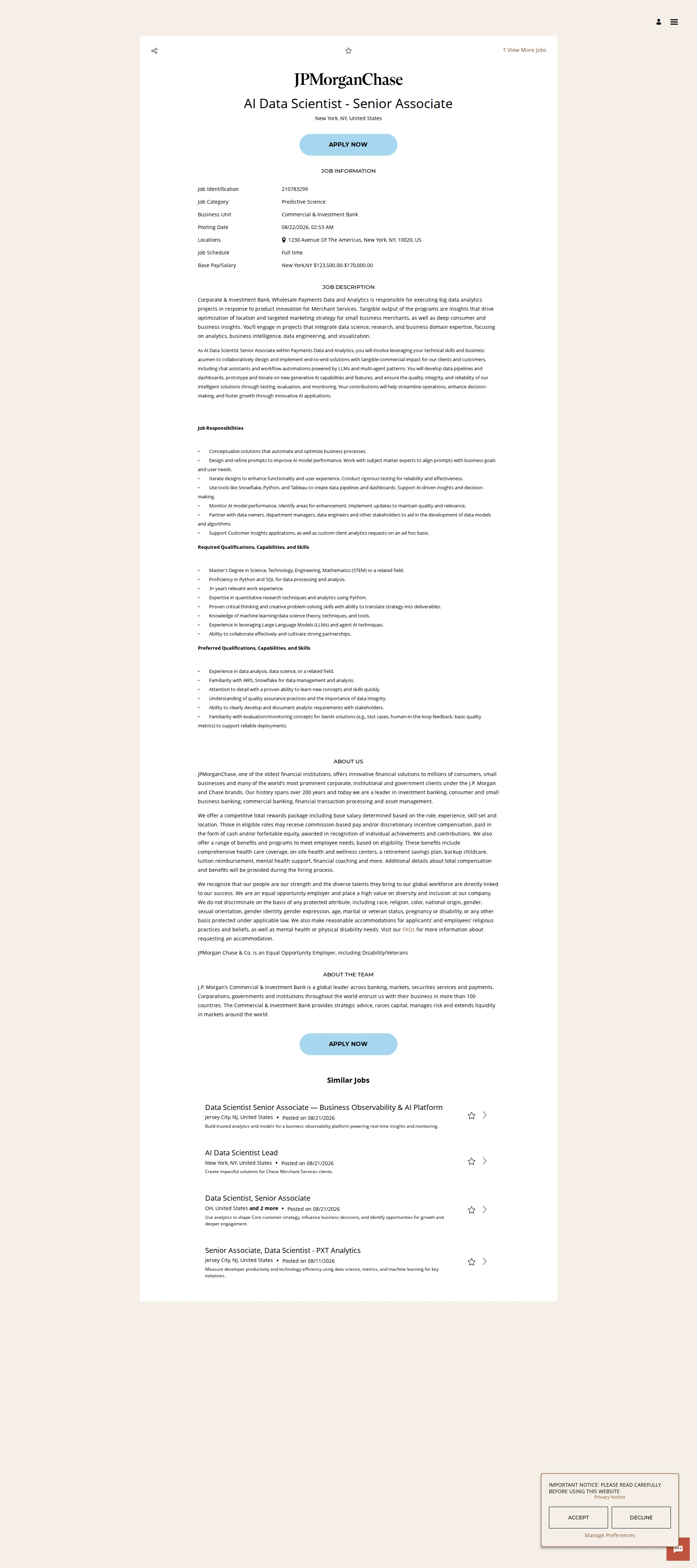 JPMorganChase AI Data Scientist - Senior Associate 채용공고