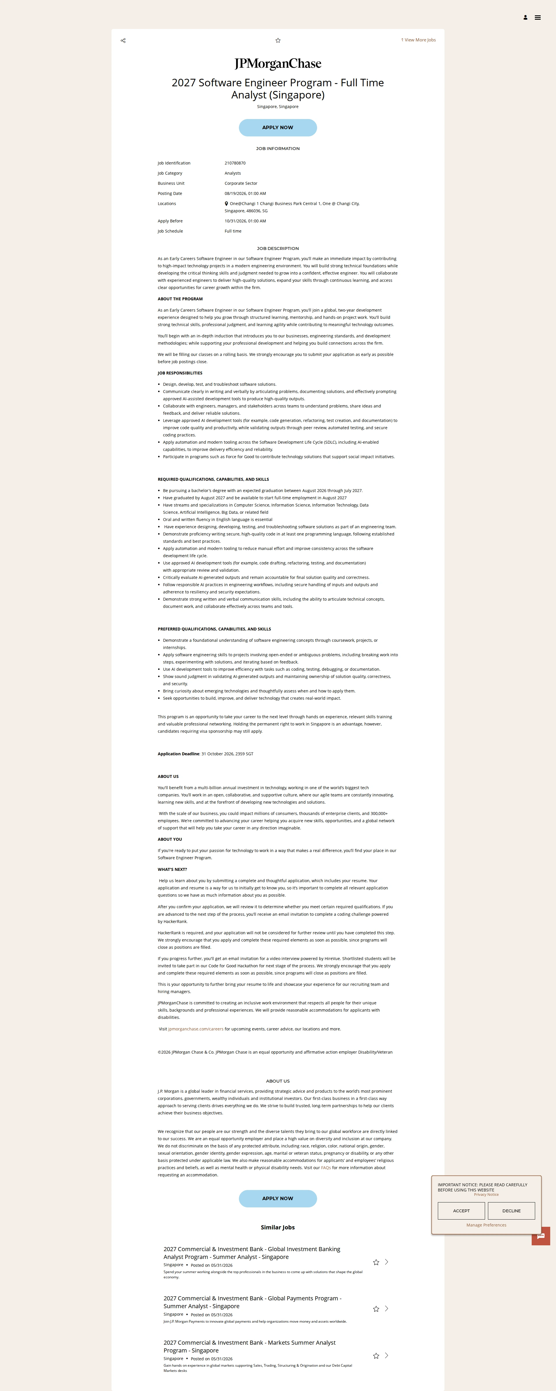 JPMorganChase 2027 Software Engineer Program - Full Time Analyst (Singapore) 채용공고