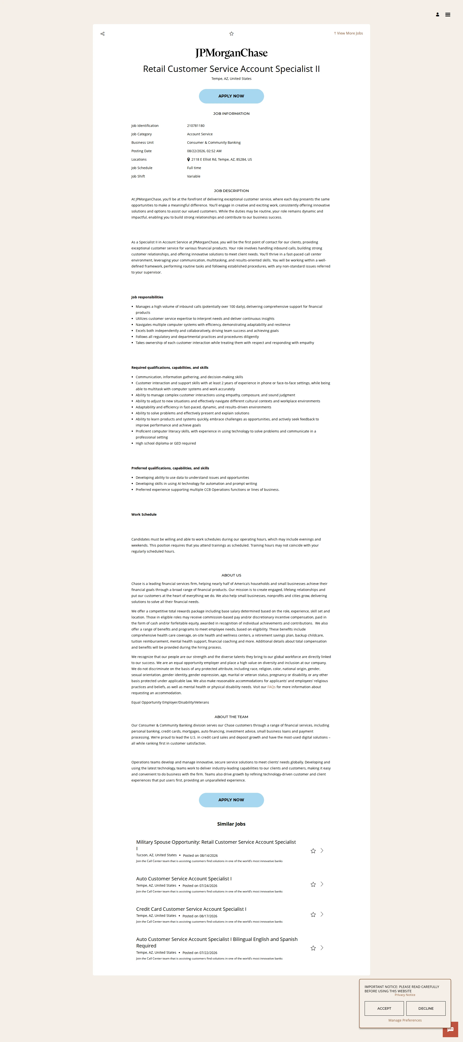 JPMorganChase Retail Customer Service Account Specialist II 채용공고