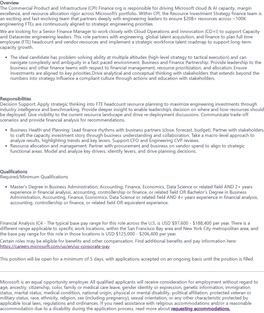 마이크로소프트(Microsoft) Senior Finance Manager, ENG Decision Support 채용공고