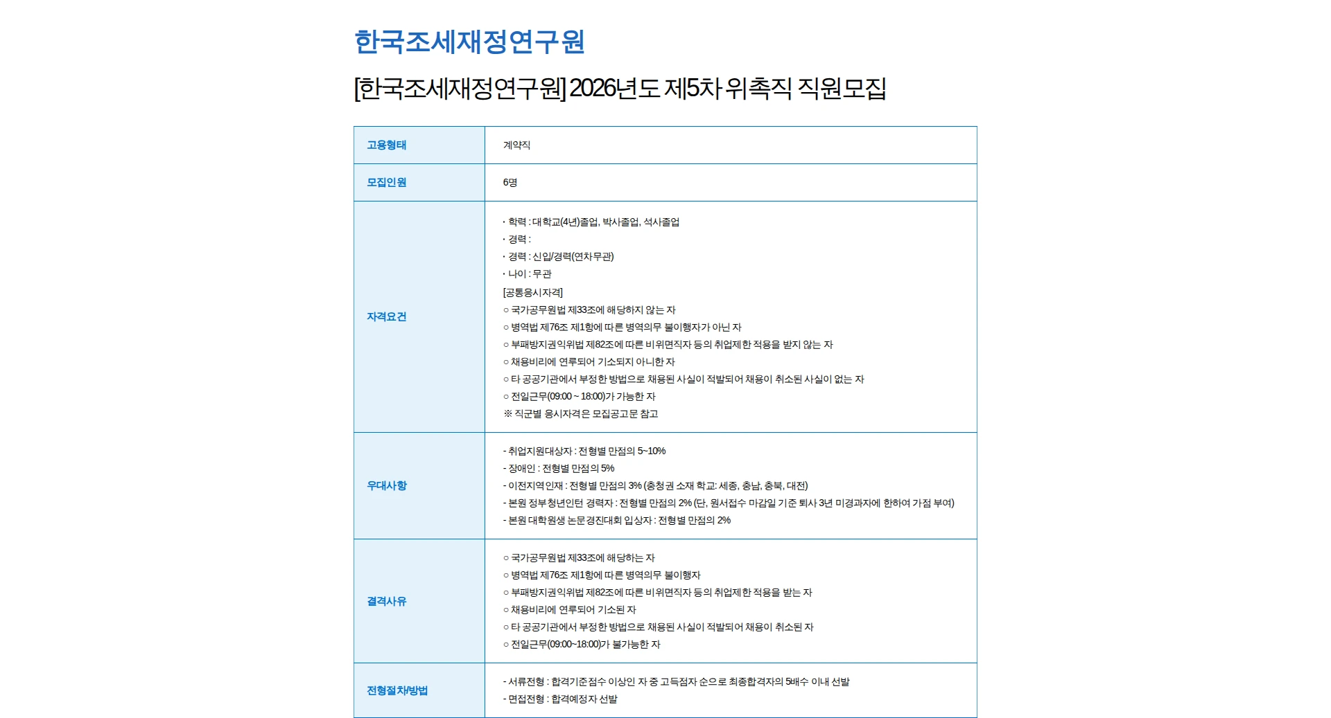한국조세재정연구원 [한국조세재정연구원] 2026년도 제5차 위촉직 직원모집 채용공고