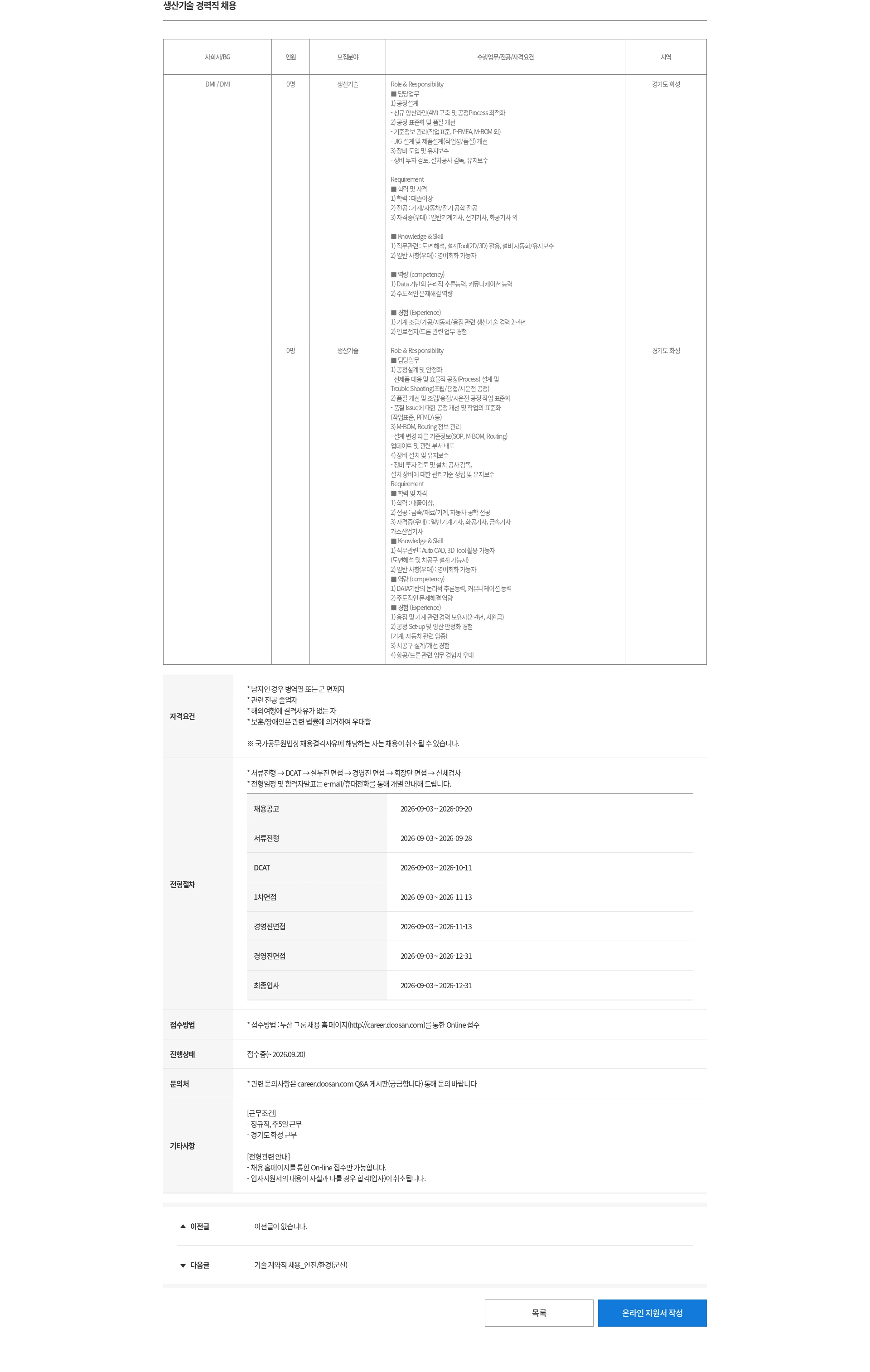 두산 생산기술 경력직 채용 채용공고