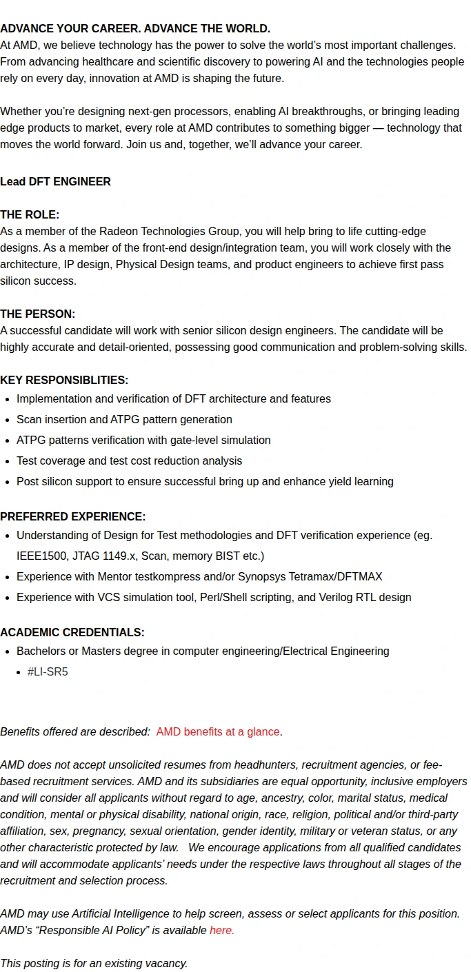 AMD Lead DFT Engineer 채용공고