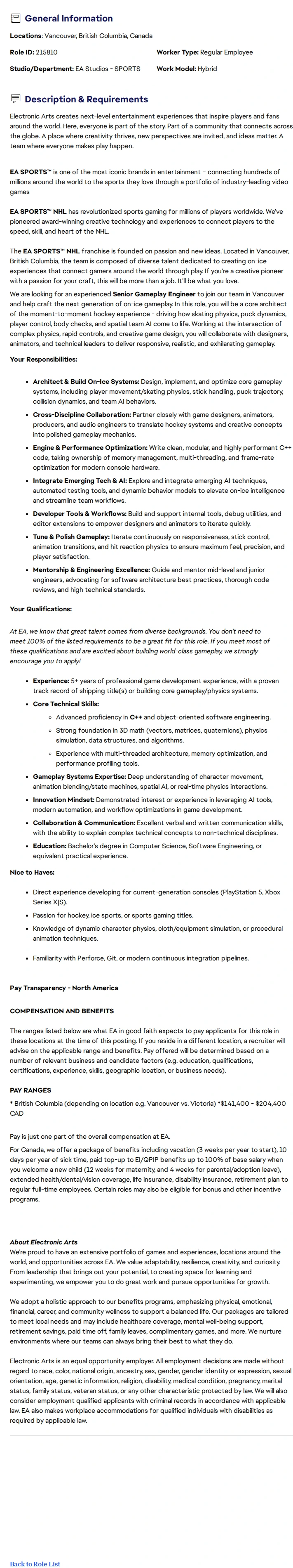 ElectronicArts Senior Gameplay Software Engineer - EA SPORTS™ NHL 채용공고
