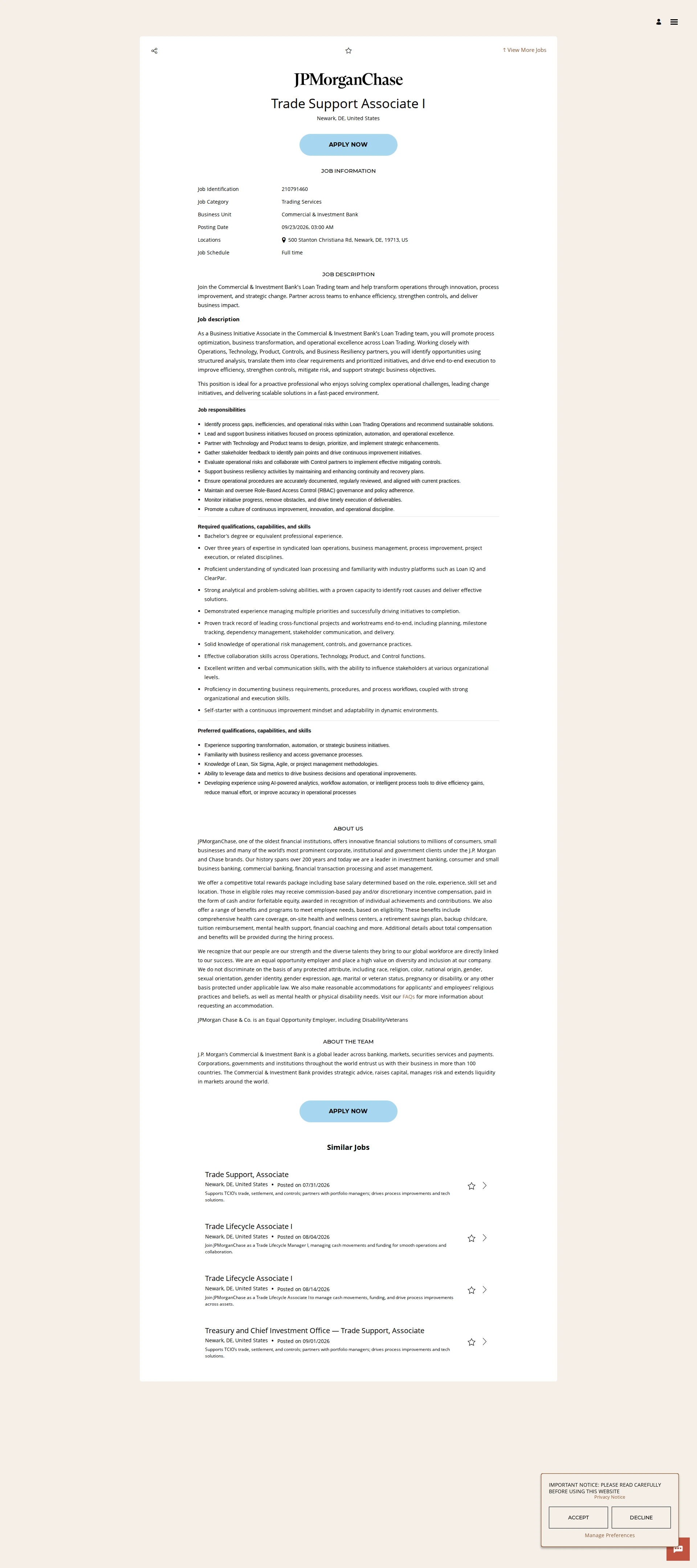 JPMorganChase Trade Support Associate I 채용공고