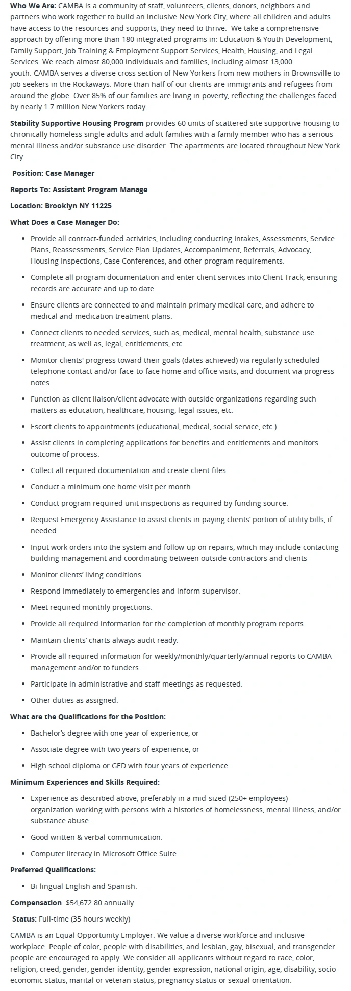 CAMBA Case Manager, Citywide Supportive Housing Program 채용공고