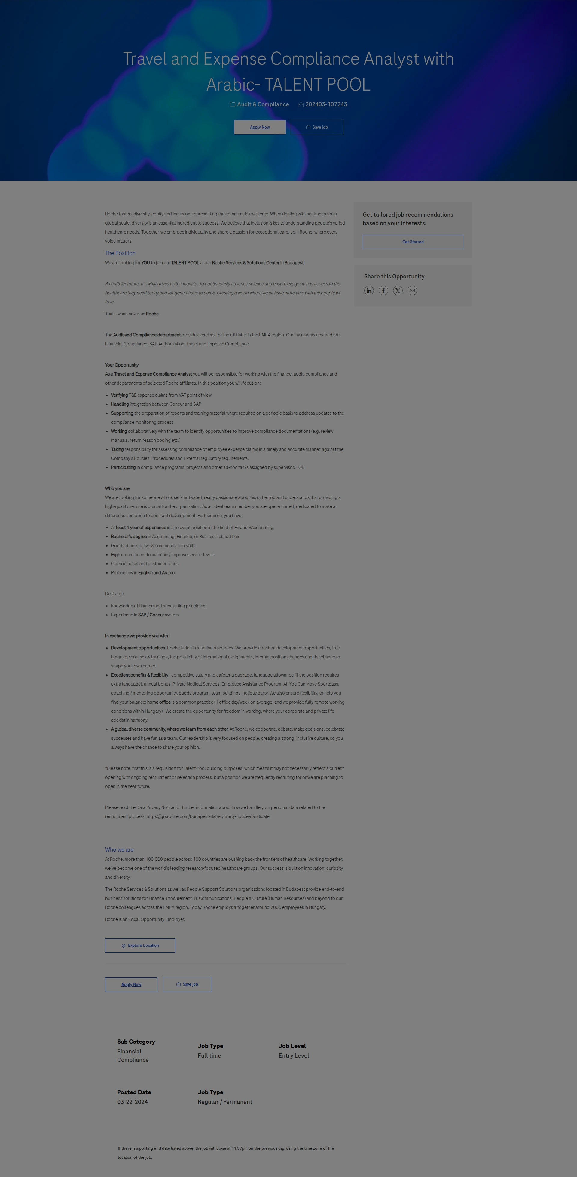 로슈 Travel and Expense Compliance Analyst with Arabic- TALENT POOL 채용공고