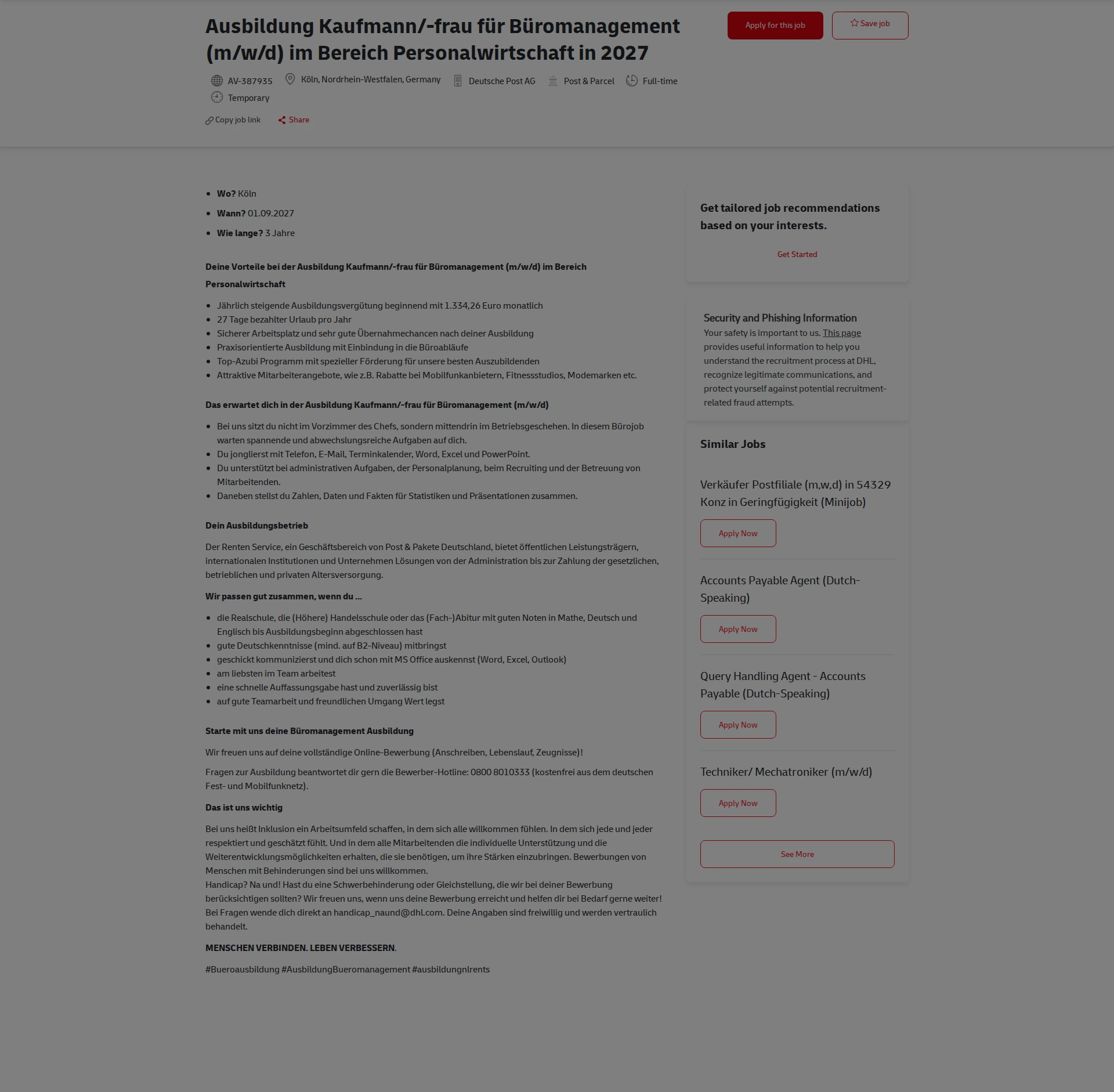 DHL Ausbildung Kaufmann/-frau für Büromanagement (m/w/d) im Bereich Personalwirtschaft in 2027 채용공고