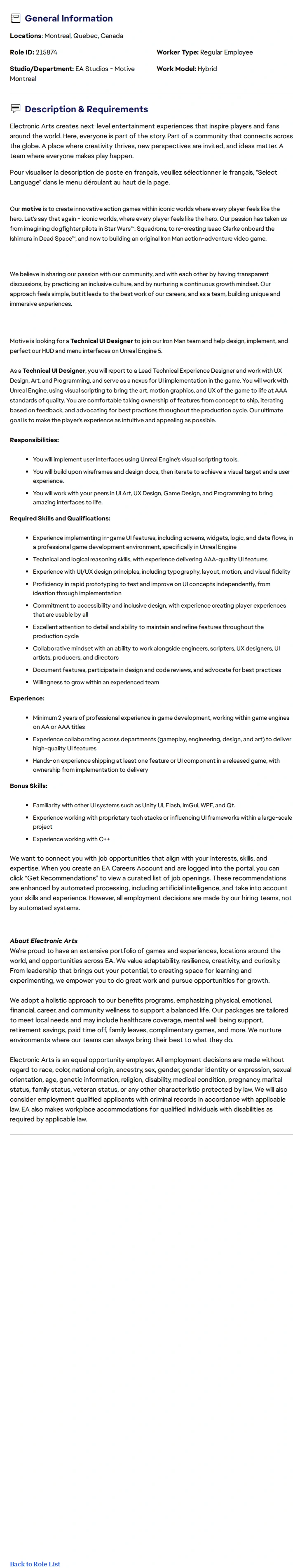 ElectronicArts Technical UI Designer 채용공고