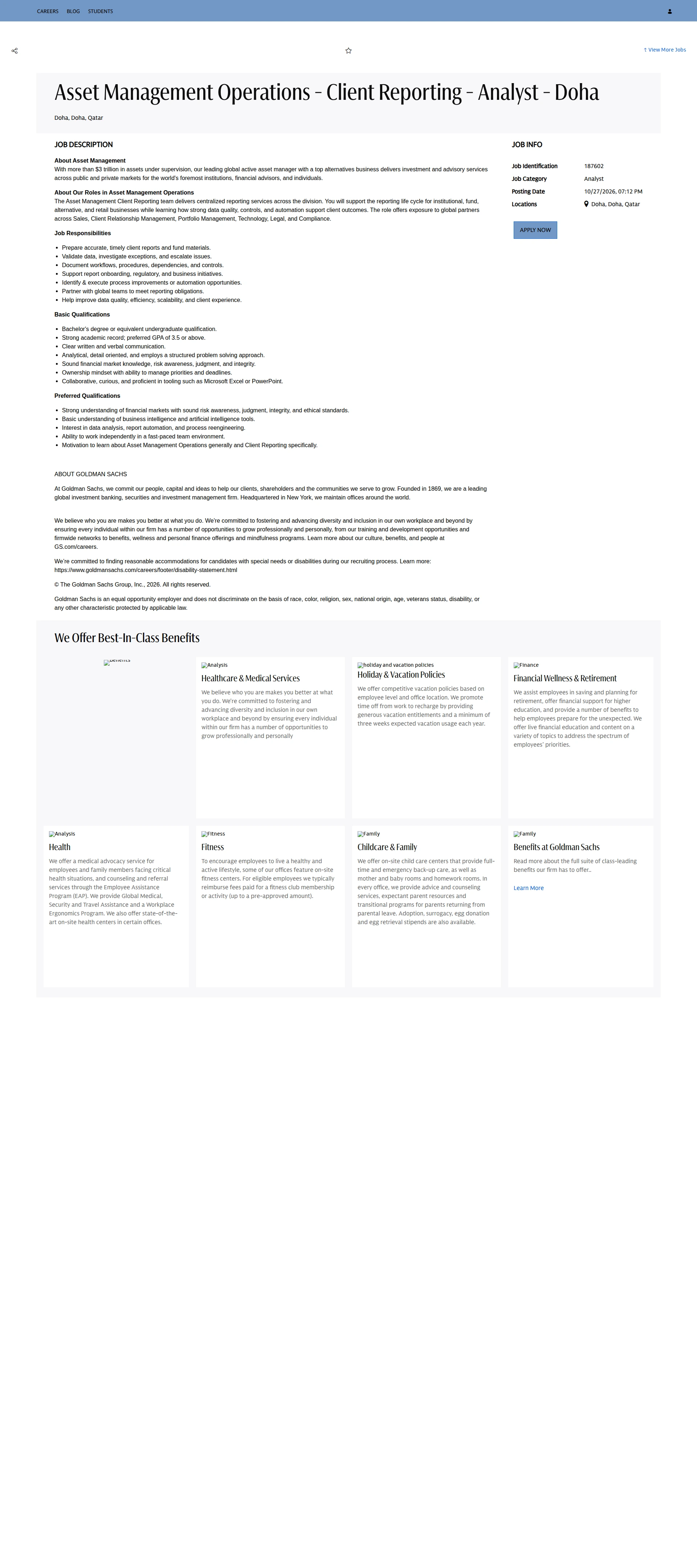 골드만삭스 Asset Management Operations - Client Reporting - Analyst - Doha 채용공고