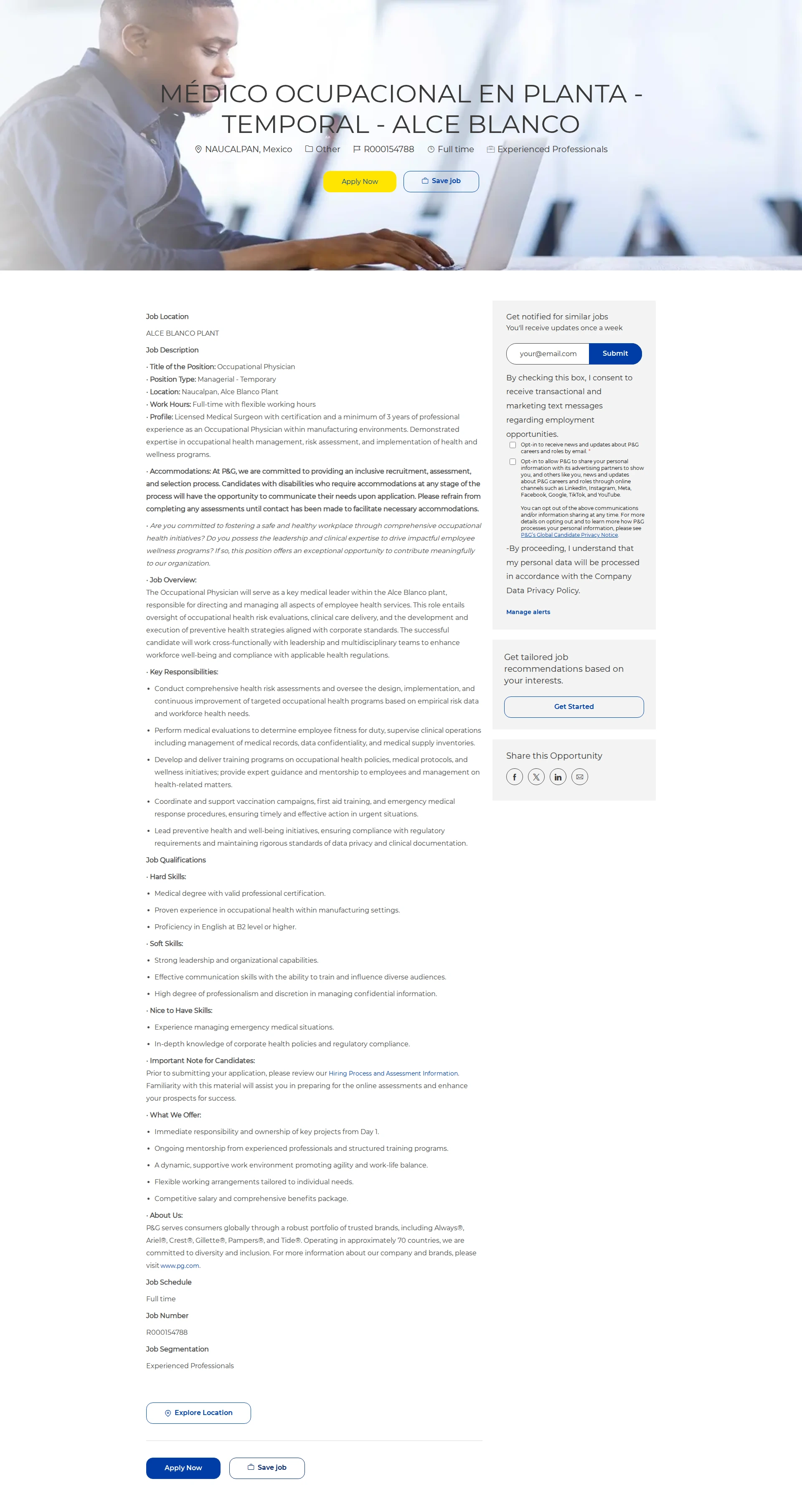 P&G MÉDICO OCUPACIONAL EN PLANTA - TEMPORAL - ALCE BLANCO 채용공고