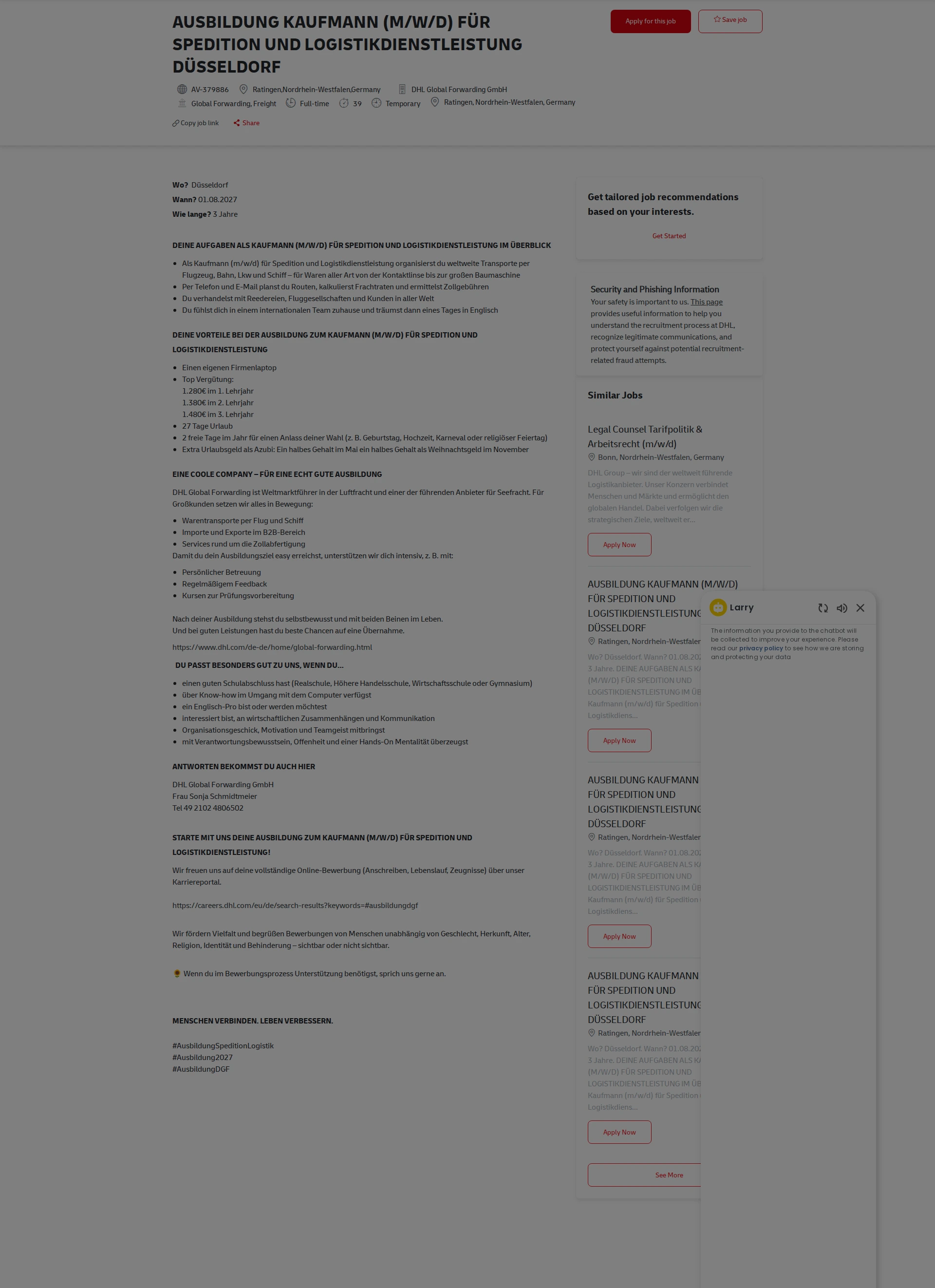 DHL AUSBILDUNG KAUFMANN (M/W/D) FÜR SPEDITION UND LOGISTIKDIENSTLEISTUNG DÜSSELDORF 채용공고