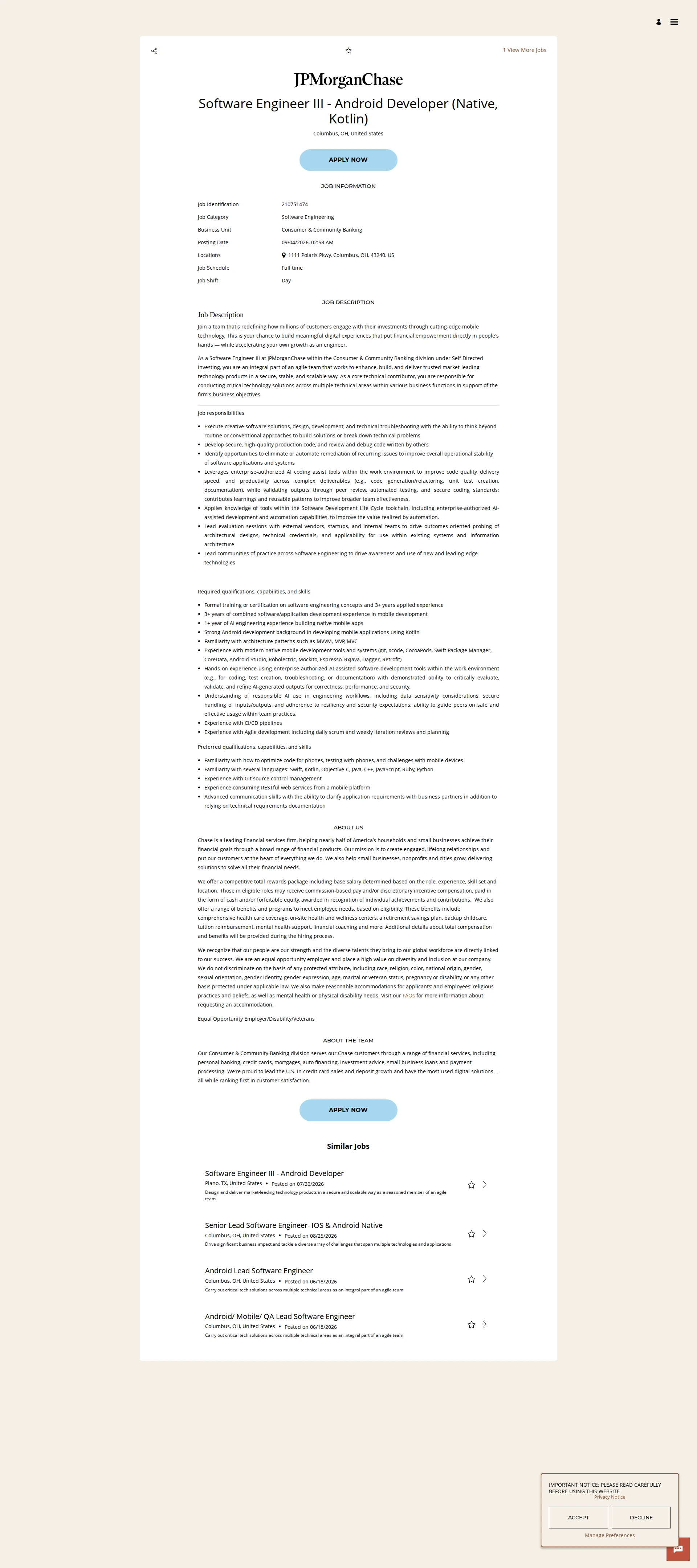 JPMorganChase Software Engineer III - Android Developer (Native, Kotlin) 채용공고
