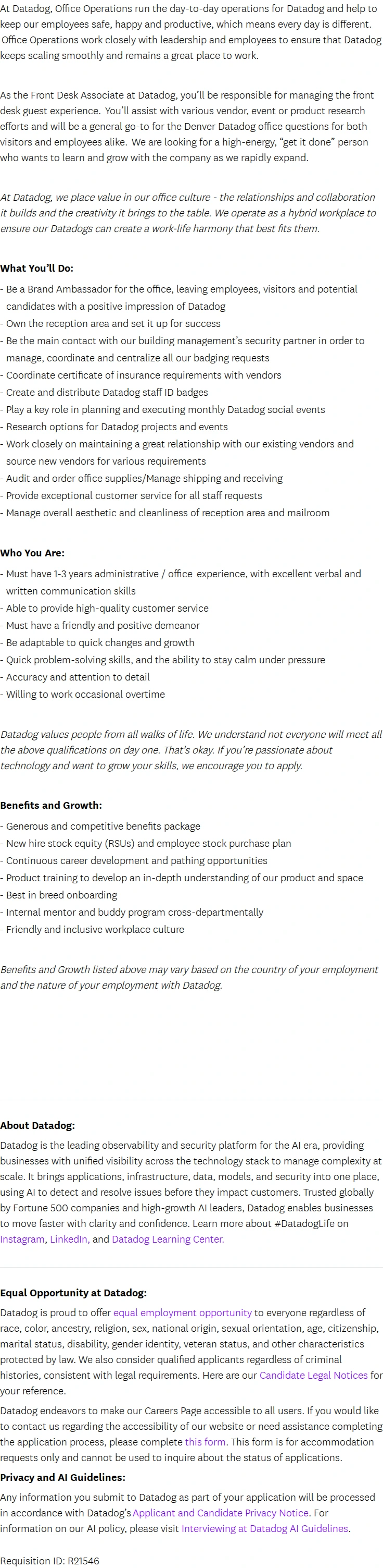 데이터독 Front Desk Associate - Amsterdam 채용공고