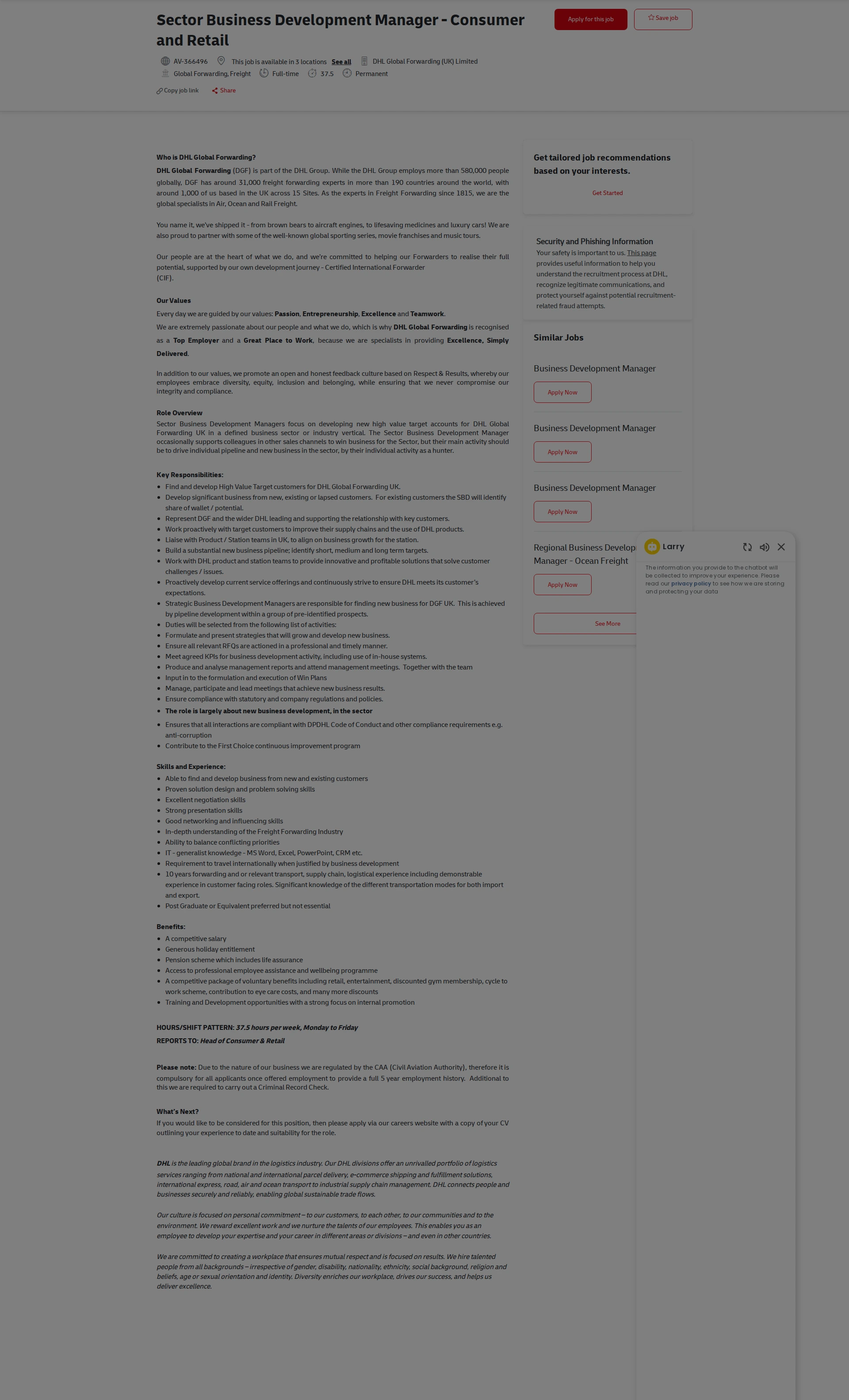 DHL Sector Business Development Manager - Consumer and Retail 채용공고
