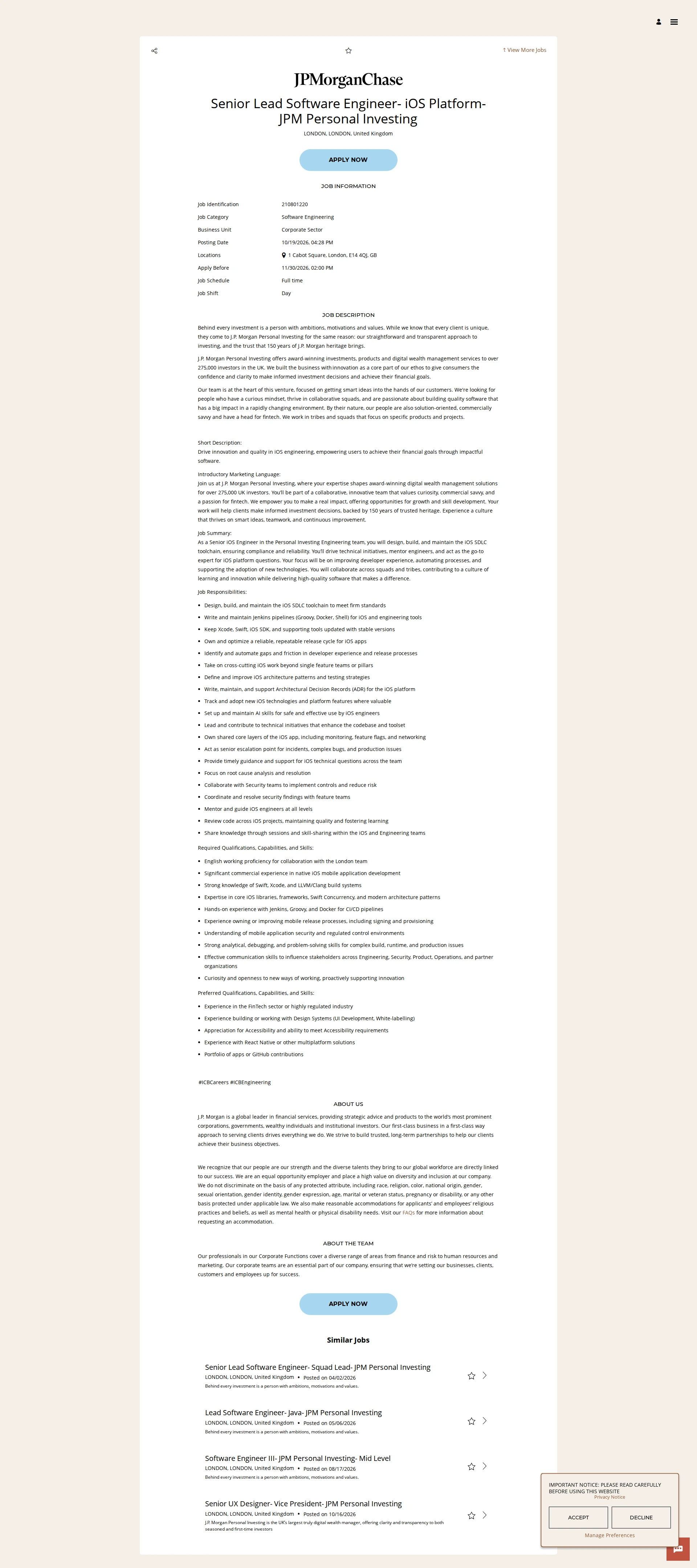 JPMorganChase Senior Lead Software Engineer- iOS Platform- JPM Personal Investing 채용공고