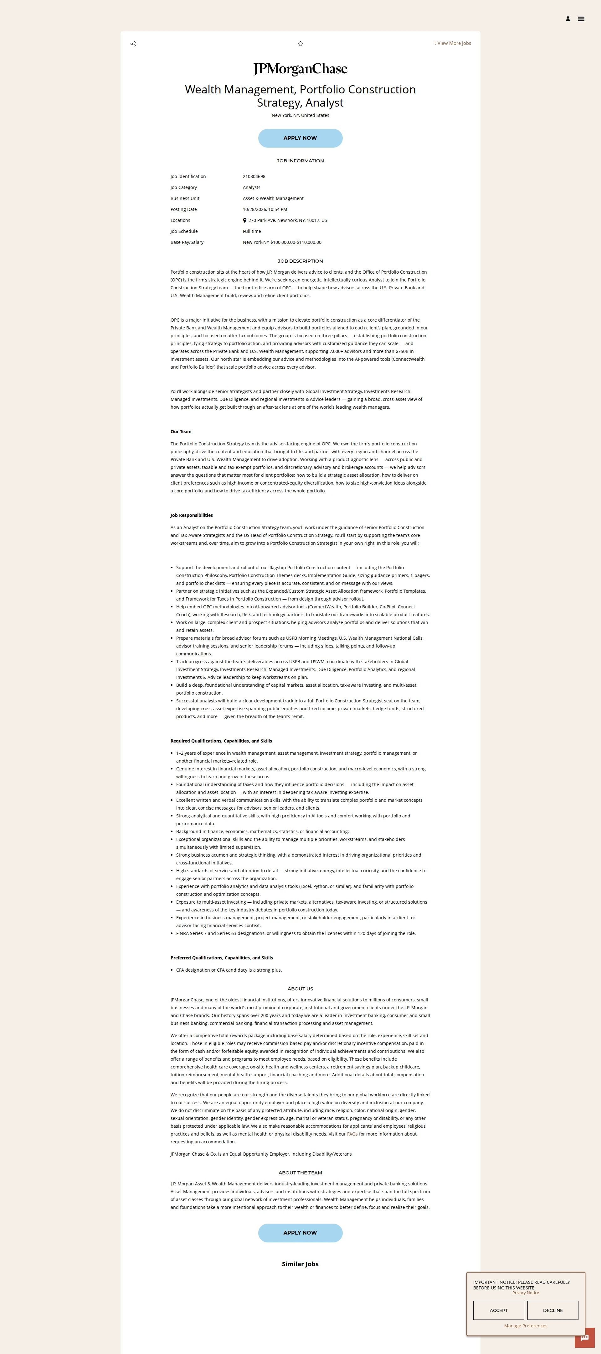 JPMorganChase Wealth Management, Portfolio Construction Strategy, Analyst 채용공고