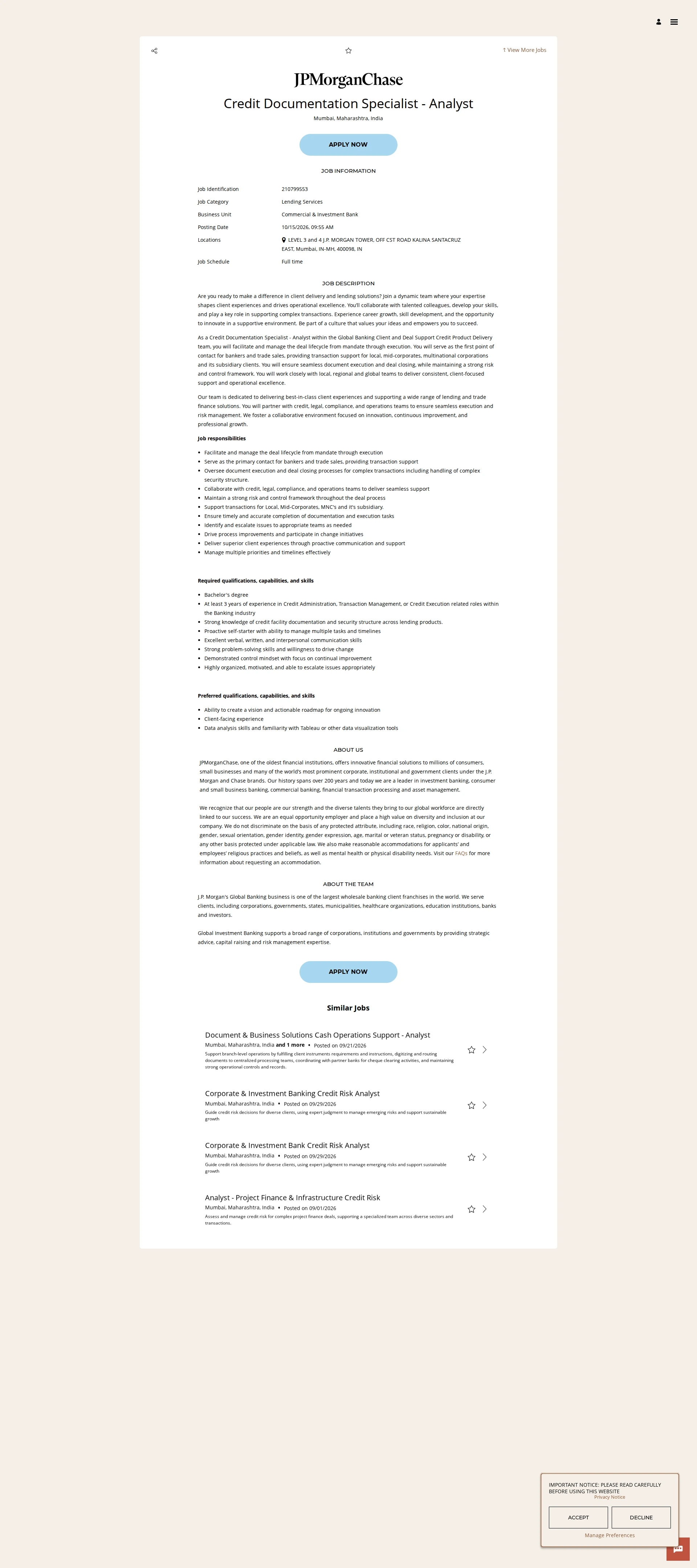 JPMorganChase Credit Documentation Specialist - Analyst 채용공고