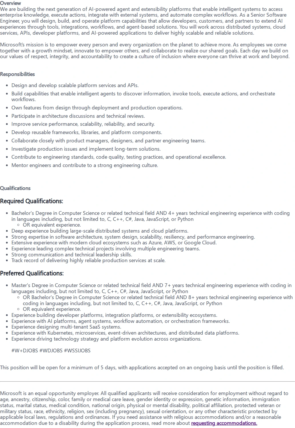 마이크로소프트(Microsoft) Senior Software Engineer, Cloud Platform Services 채용공고