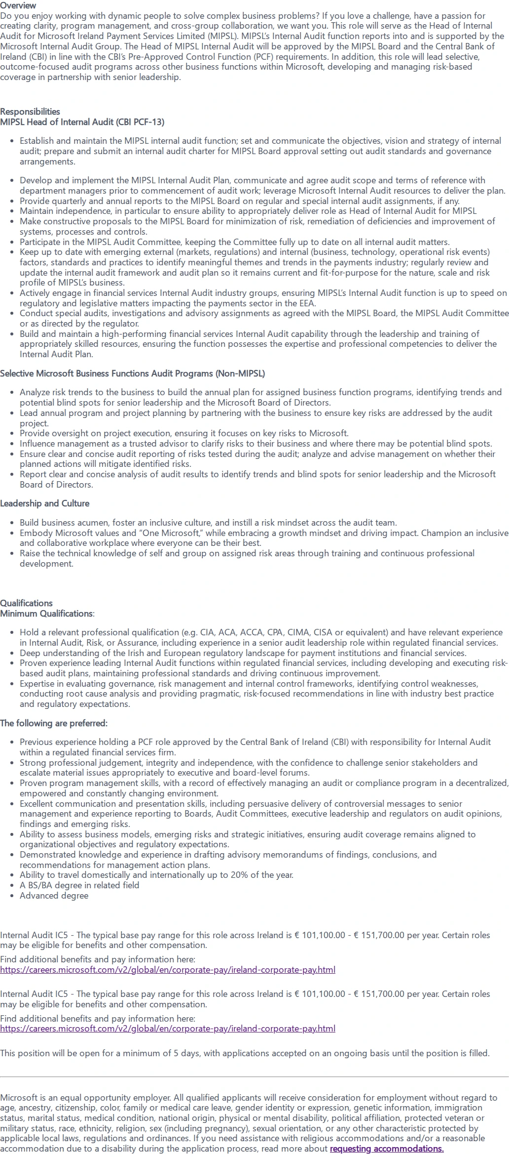 마이크로소프트(Microsoft) Head of Internal Audit, MIPSL and Audit Program Management 채용공고