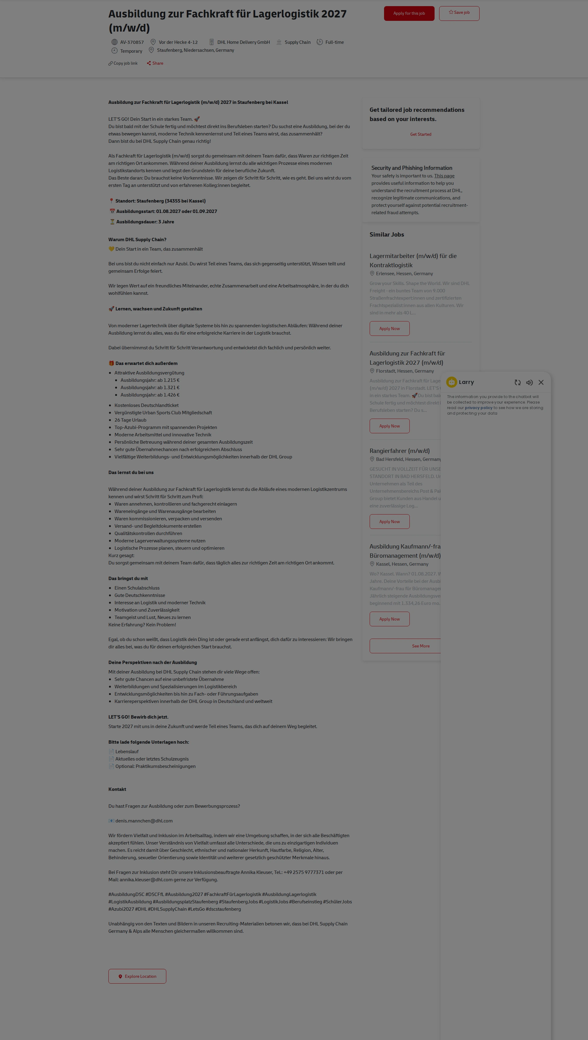 DHL Ausbildung zur Fachkraft für Lagerlogistik 2027 (m/w/d) 채용공고