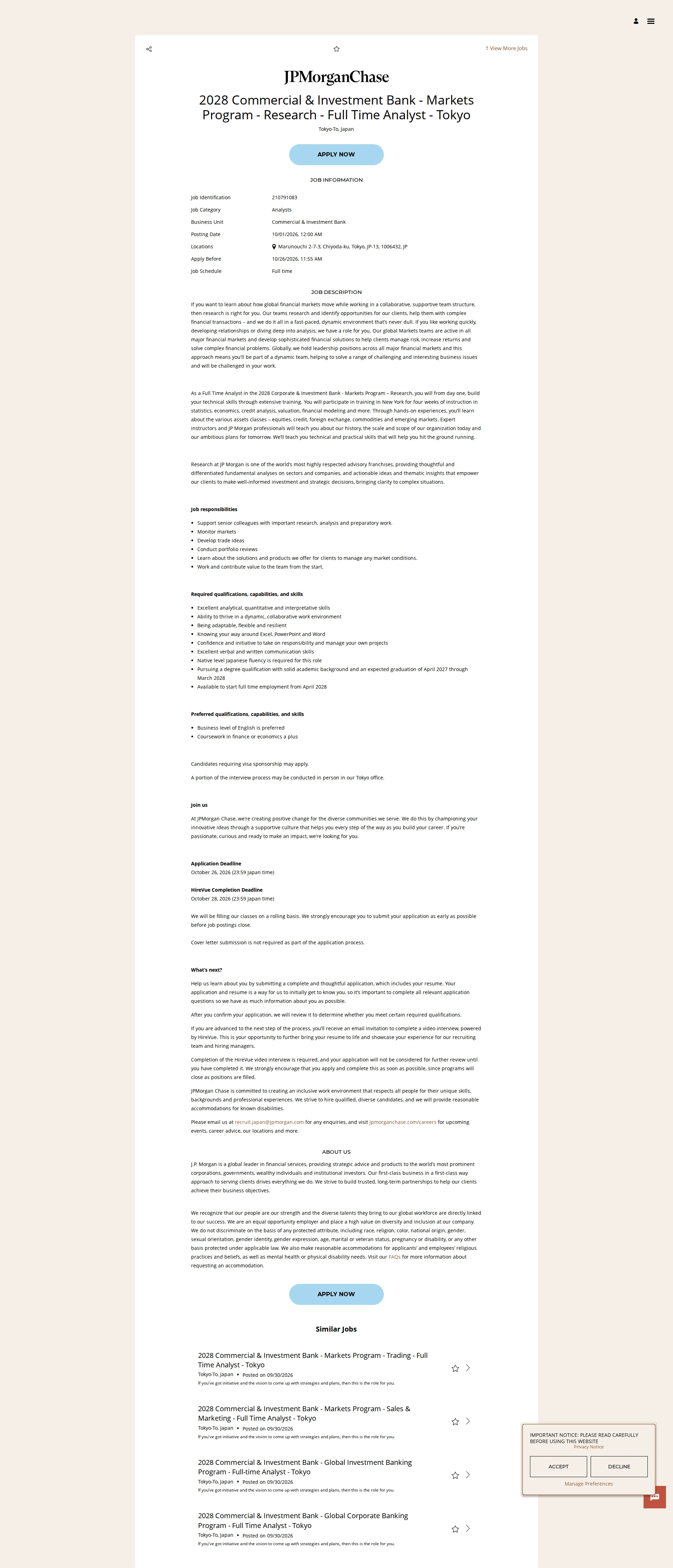 JPMorganChase 2028 Commercial & Investment Bank - Markets Program - Research - Full Time Analyst - Tokyo 채용공고