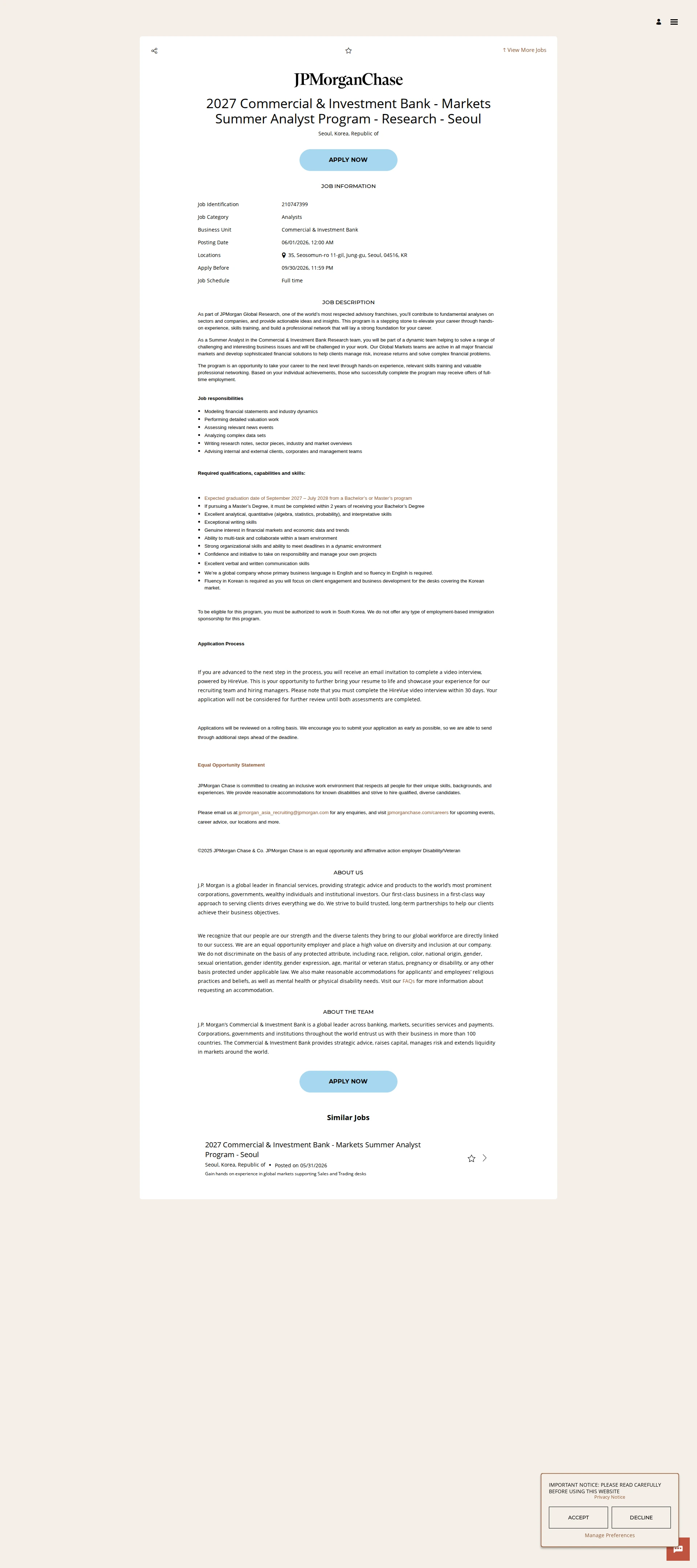 JPMorganChase 2027 Commercial & Investment Bank - Markets Summer Analyst Program - Research - Seoul 채용공고