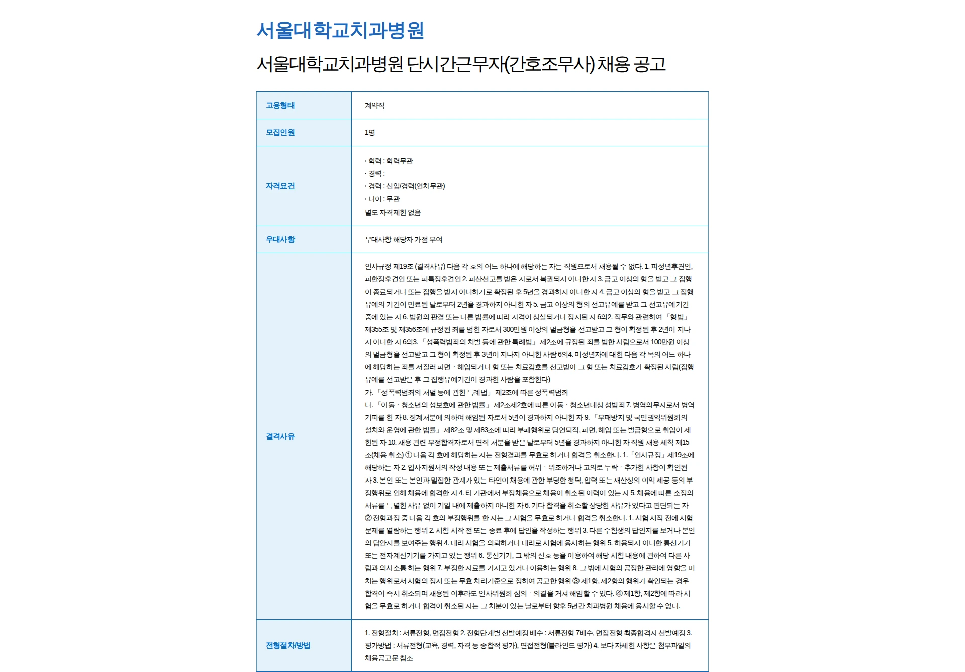 서울대학교치과병원 서울대학교치과병원 단시간근무자(간호조무사) 채용 공고 채용공고