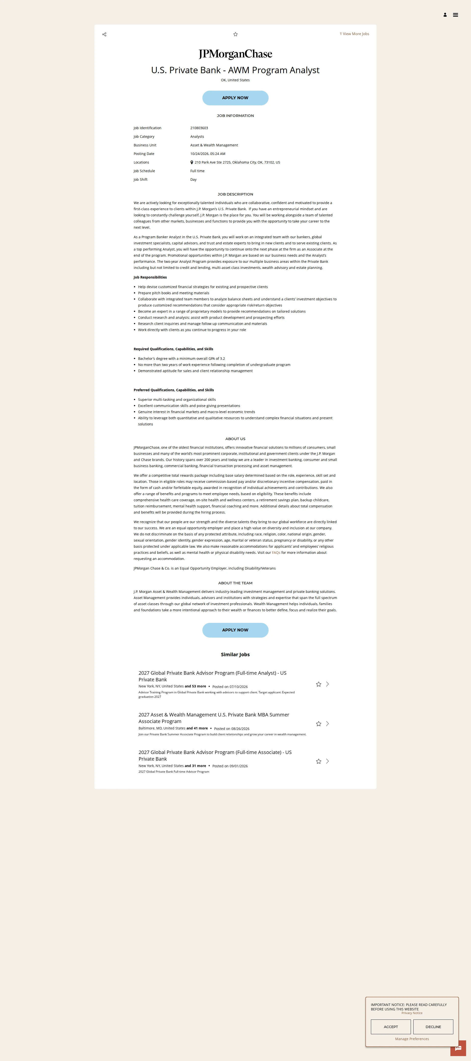 JPMorganChase U.S. Private Bank - AWM Program Analyst 채용공고