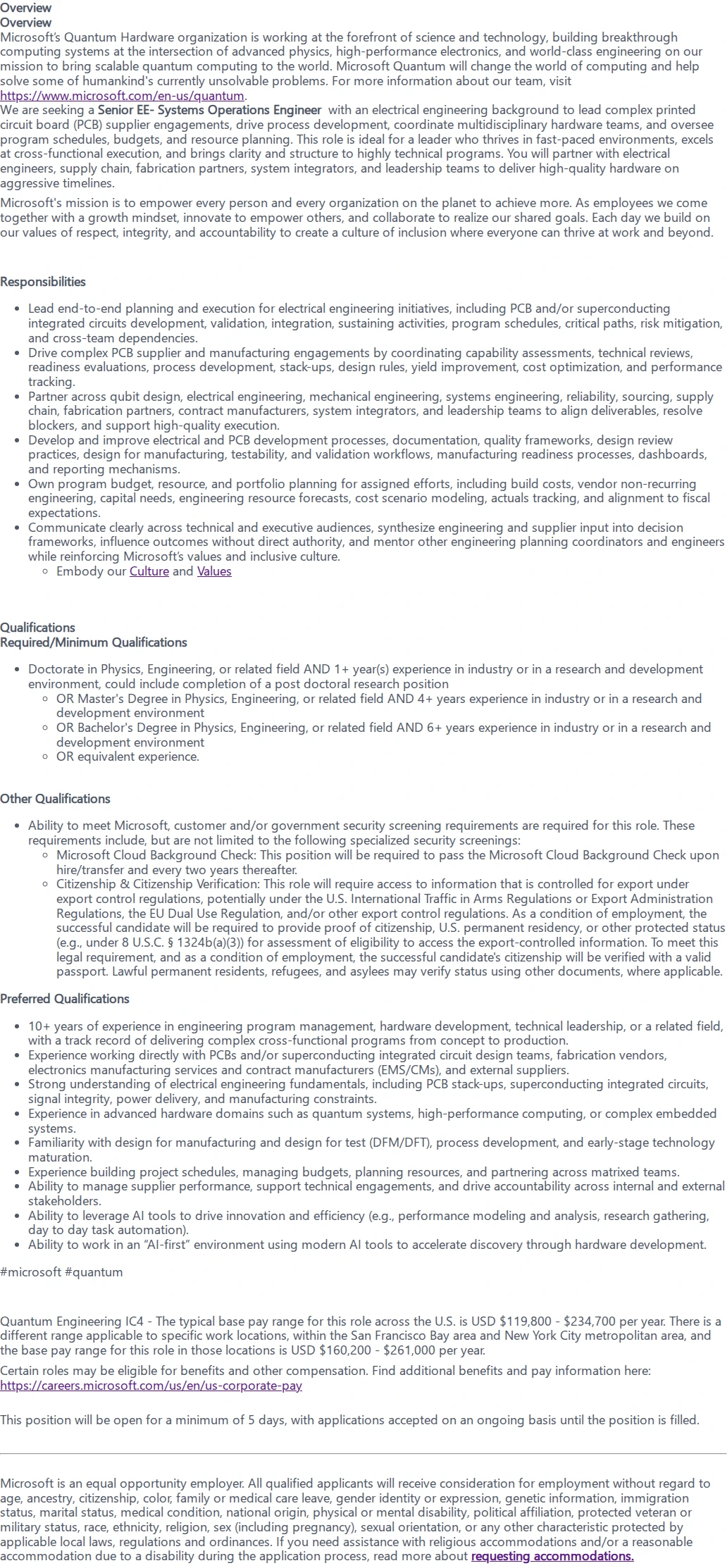 마이크로소프트(Microsoft) Senior EE - Systems Operations Engineer 채용공고