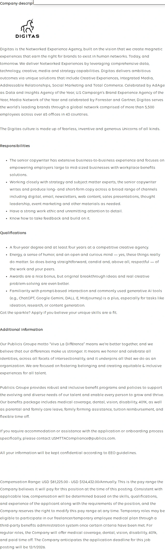 Publicis Groupe Senior Copywriter 채용공고
