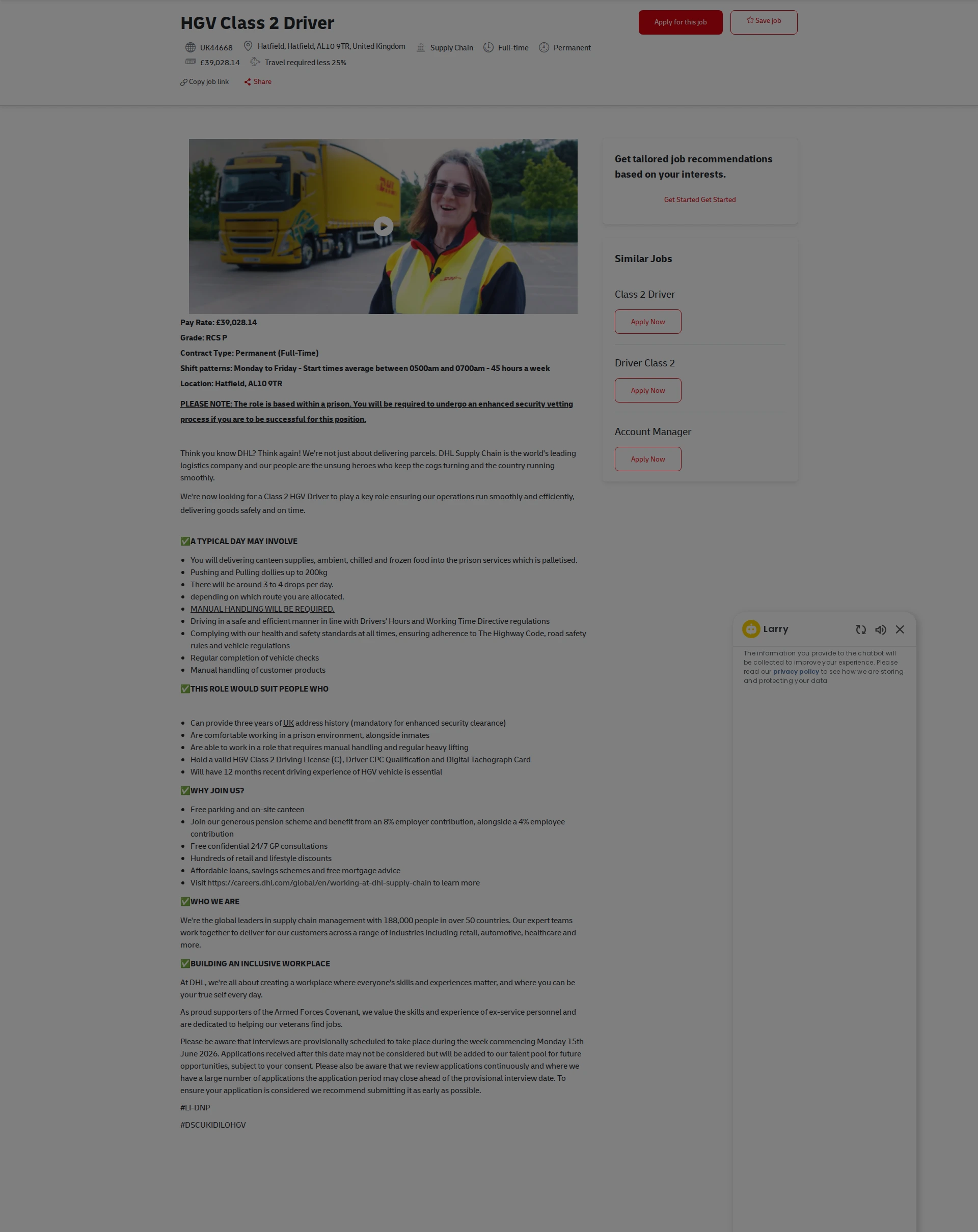 DHL HGV Class 2 Driver 채용공고