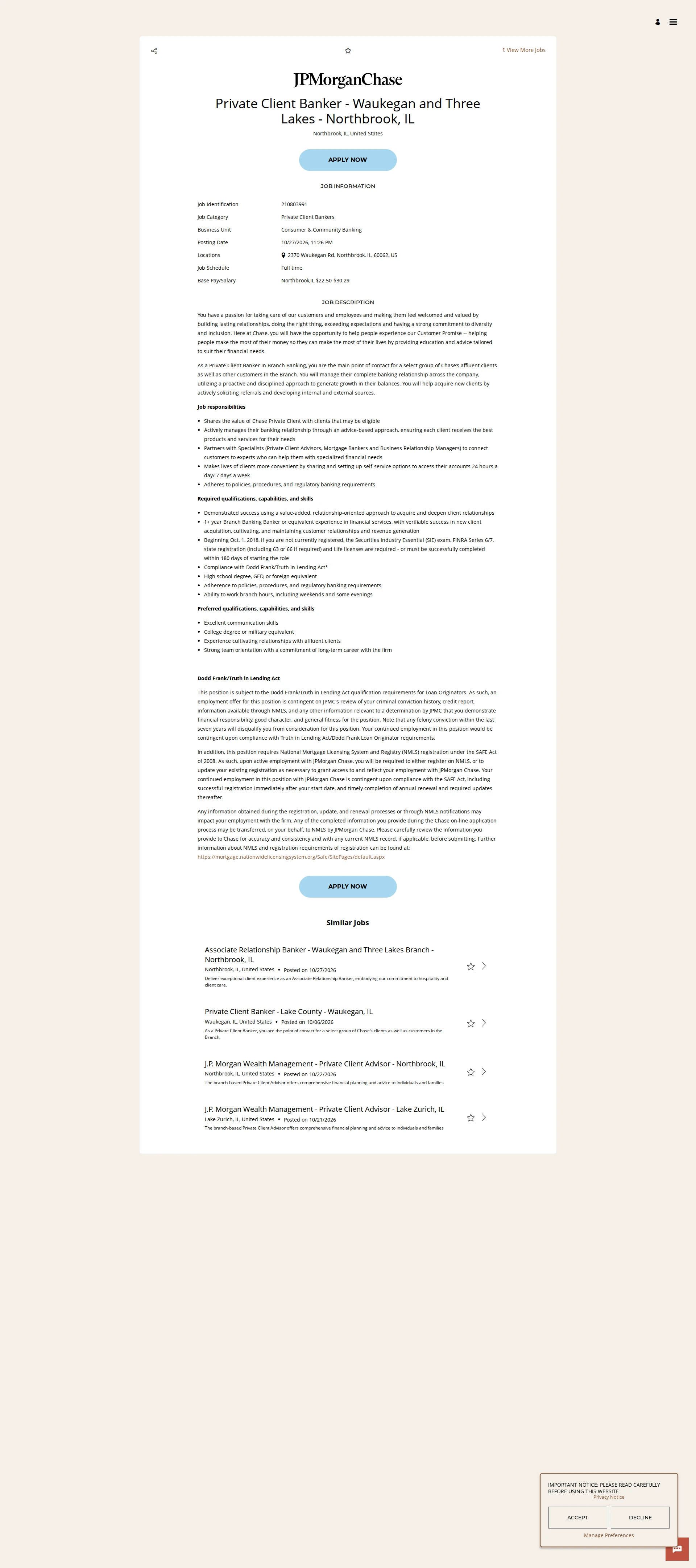 JPMorganChase Private Client Banker - Waukegan and Three Lakes - Northbrook, IL 채용공고