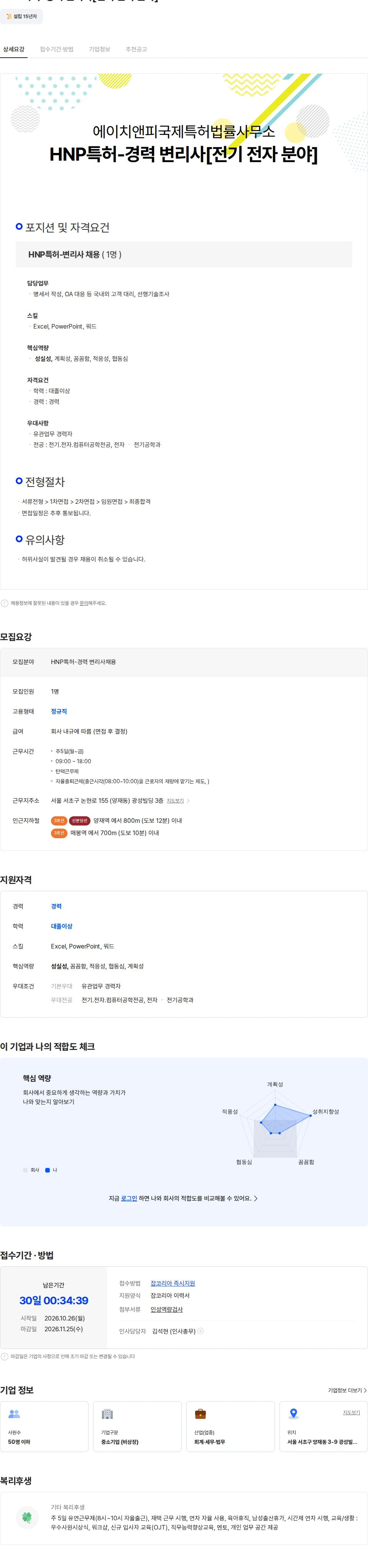 에이치앤피국제특허법률사무소 HNP특허-경력 변리사[전기 전자 분야] 채용공고