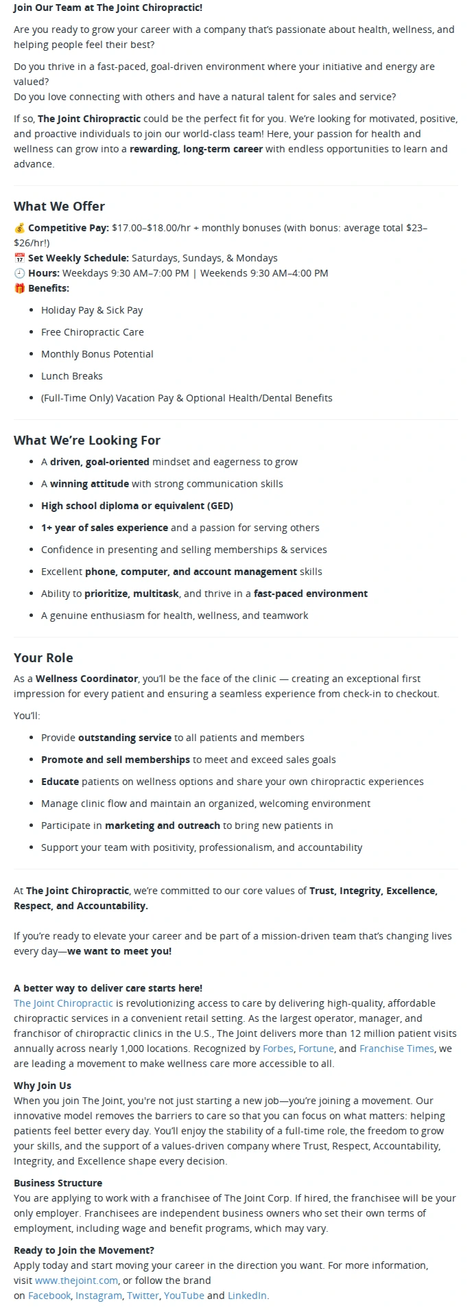 The Joint Chiropractic Front Desk Coordinator - Gold River, CA 채용공고