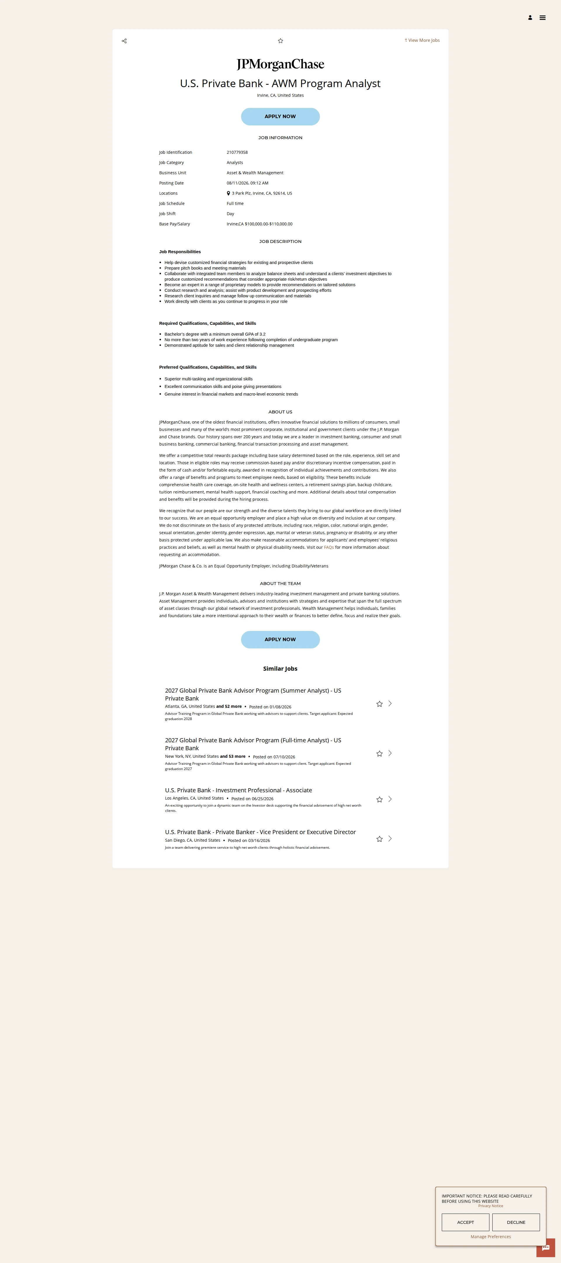 JPMorganChase U.S. Private Bank - AWM Program Analyst 채용공고
