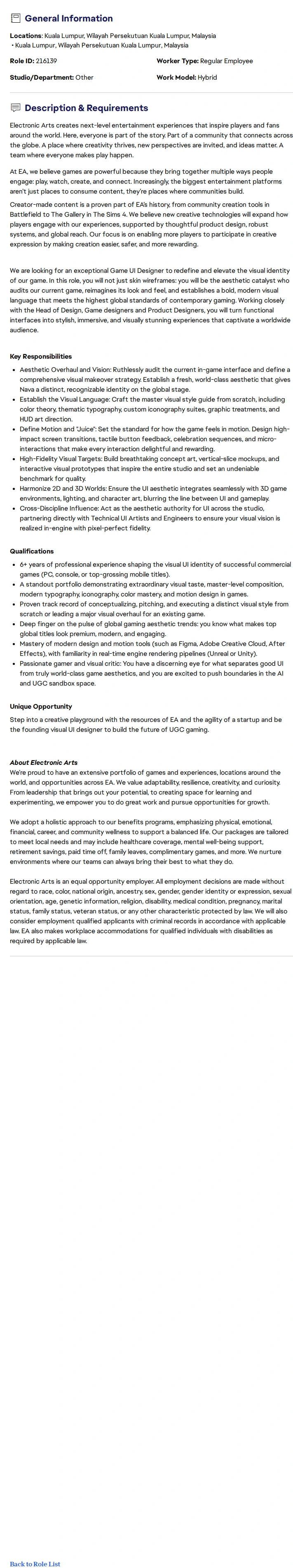 ElectronicArts Lead/Senior Game Visual UI Designer 채용공고