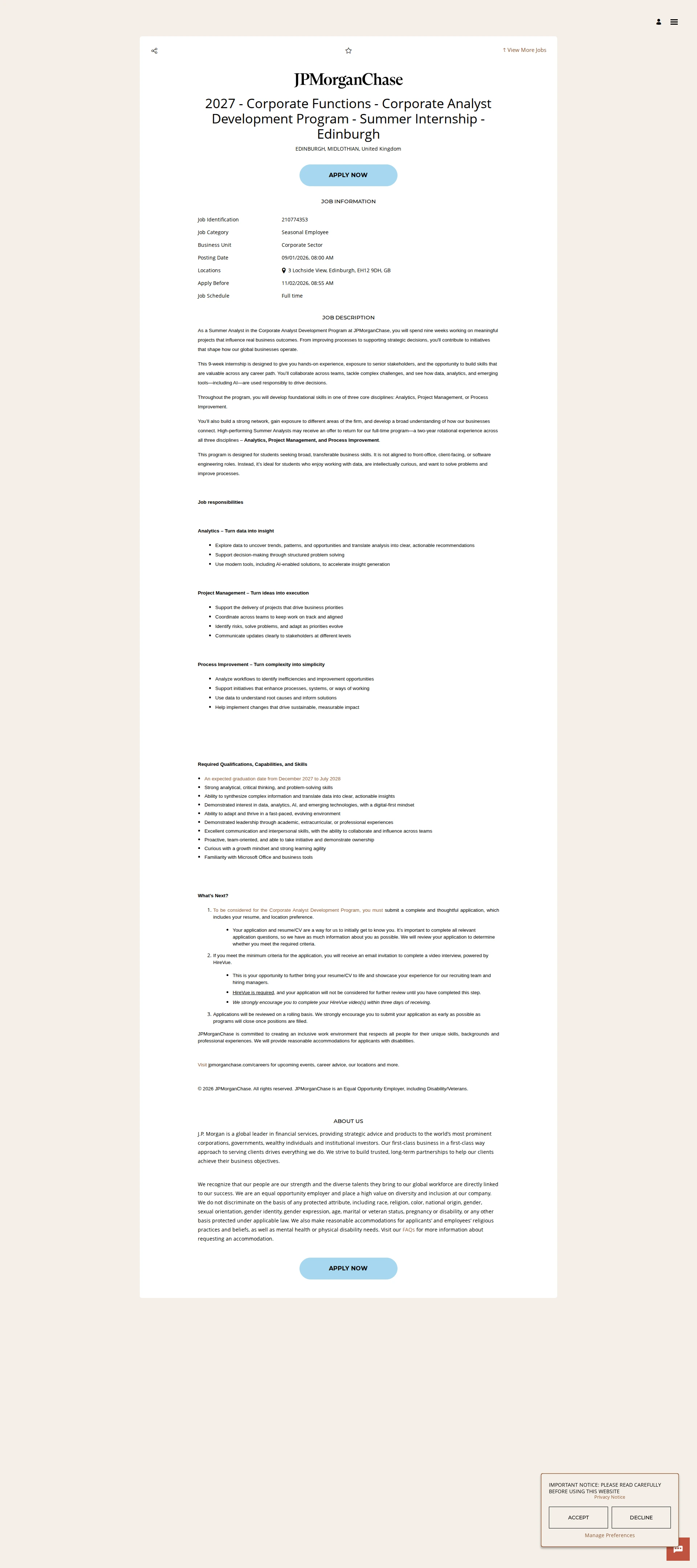JPMorganChase 2027 - Corporate Functions - Corporate Analyst Development Program - Summer Internship - Edinburgh 채용공고