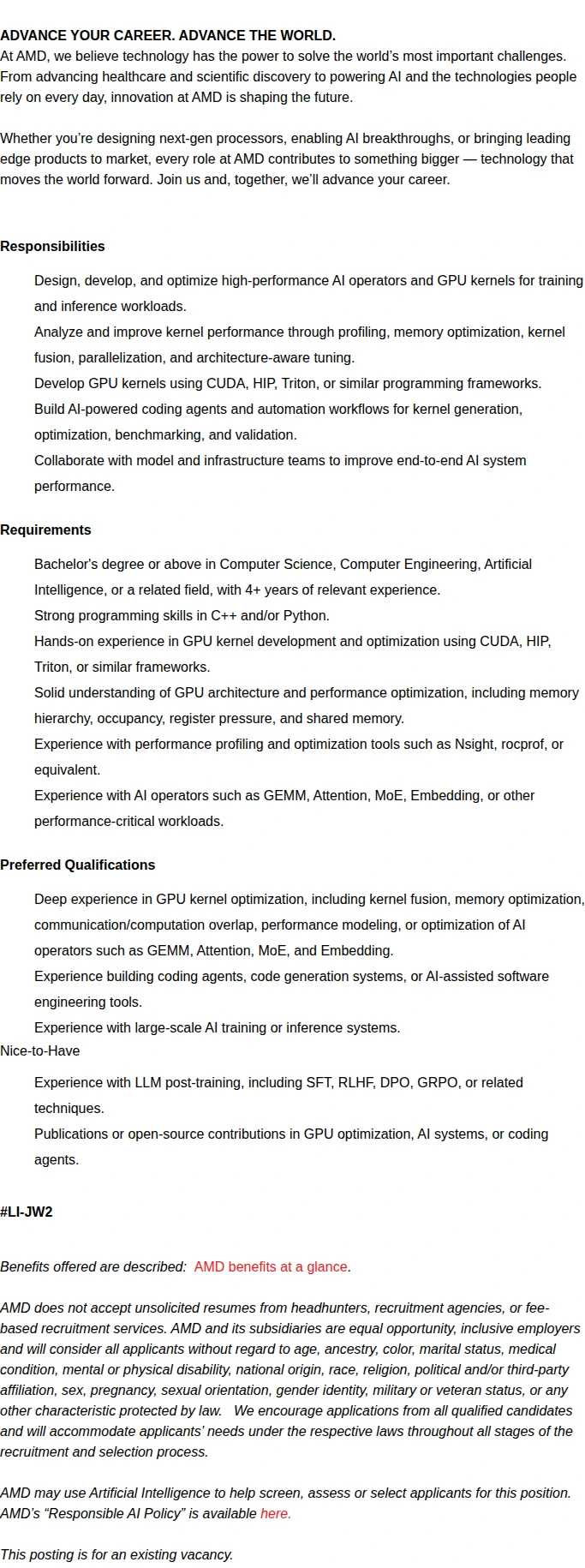 AMD Senior GPU Kernel Optimization Engineer 채용공고