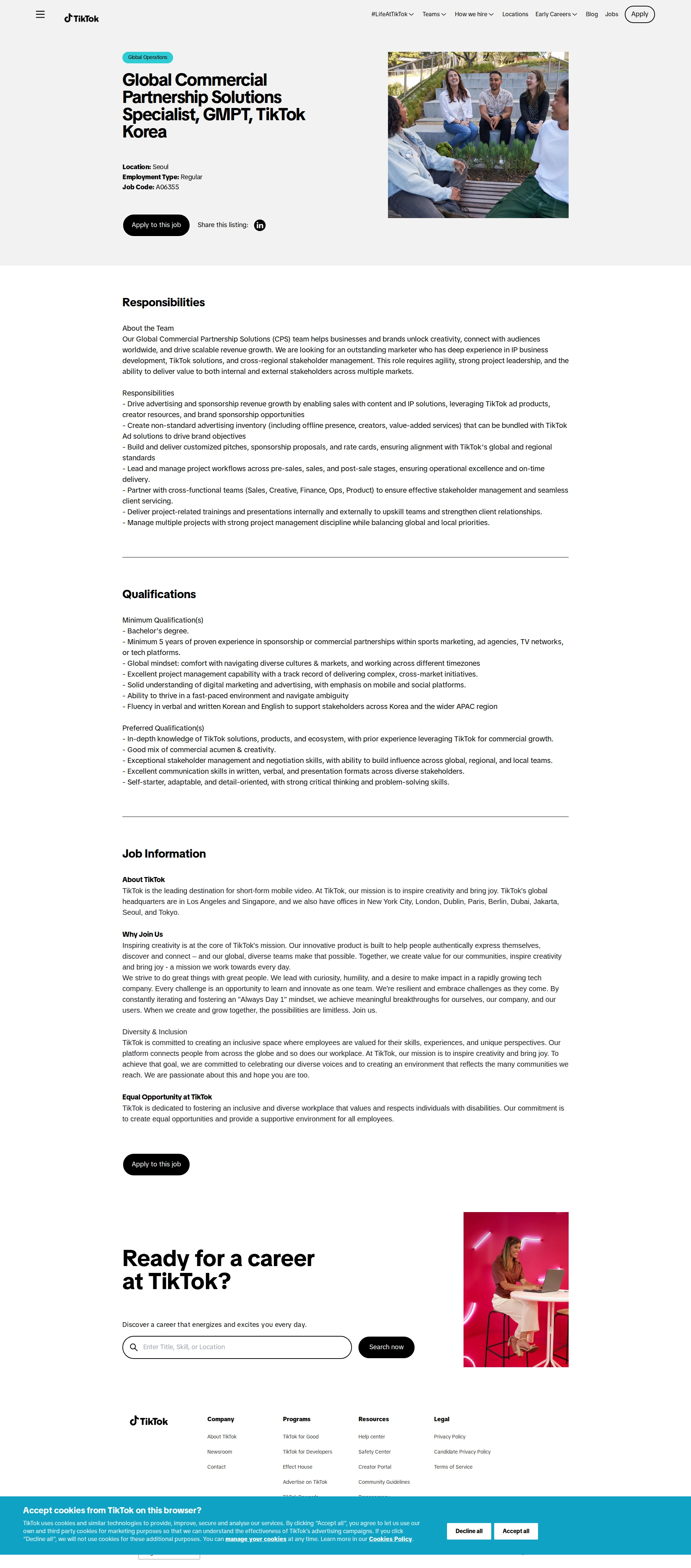 틱톡 Global Commercial Partnership Solutions Specialist, GMPT, TikTok Korea 채용공고