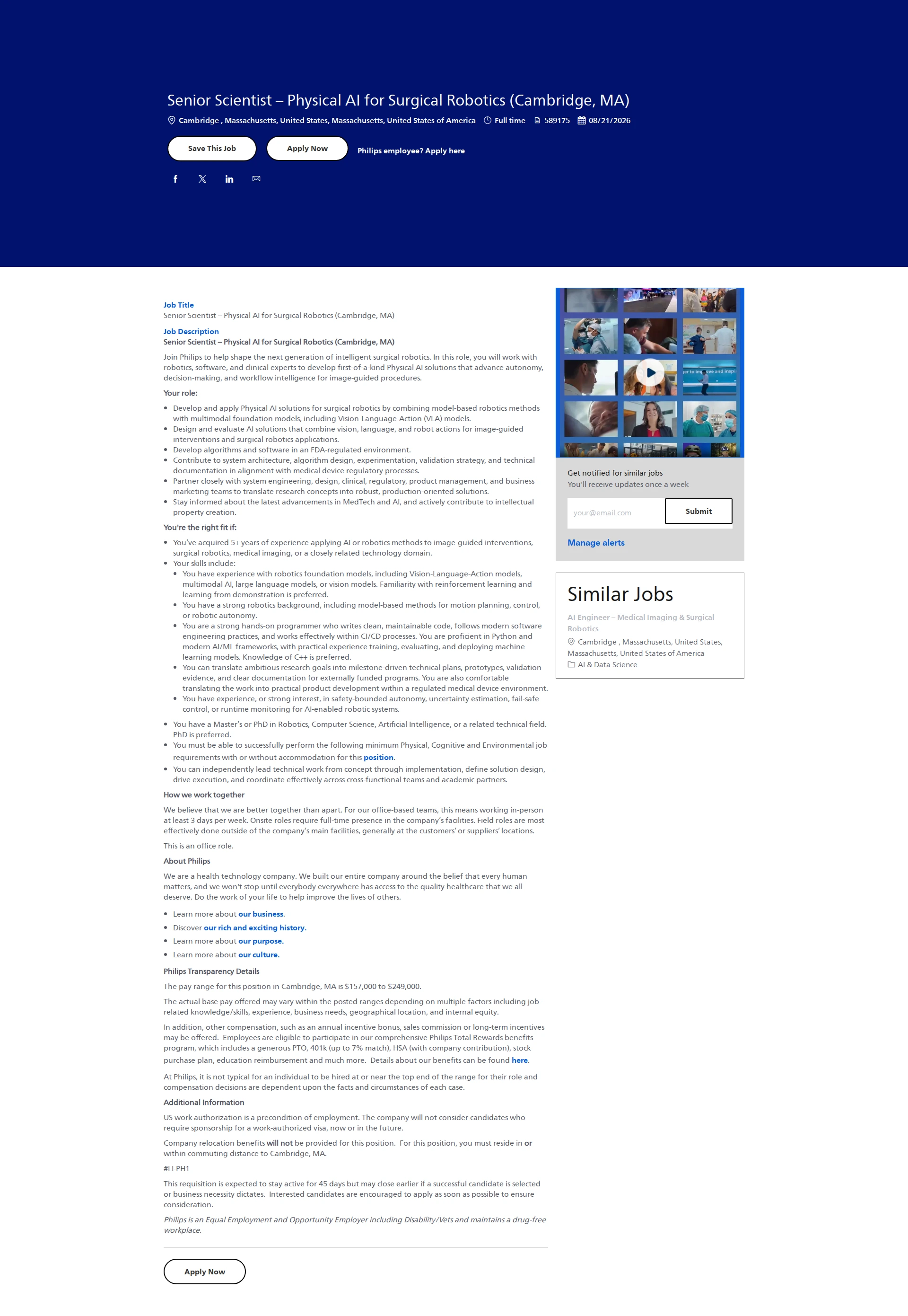 필립스 Senior Scientist – Physical AI for Surgical Robotics (Cambridge, MA) 채용공고