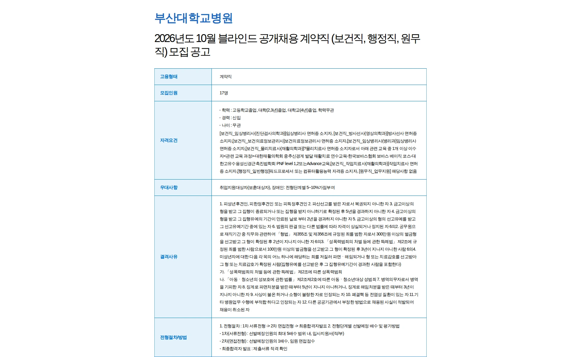 부산대학교병원 2026년도 10월 블라인드 공개채용 계약직 (보건직, 행정직, 원무직) 모집 공고 채용공고