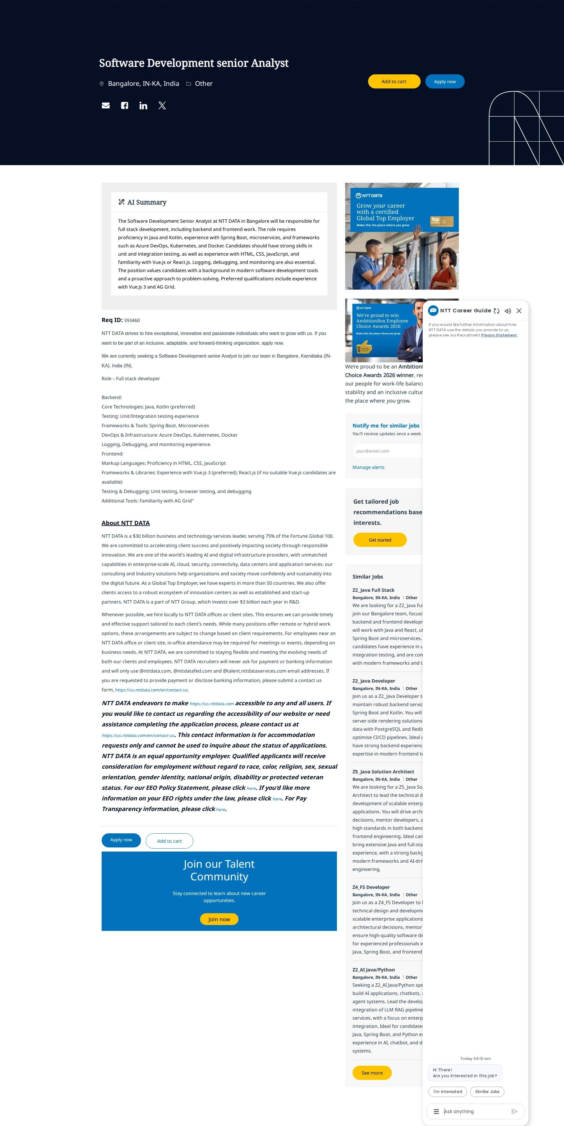 NTT데이터 Software Development senior Analyst 채용공고