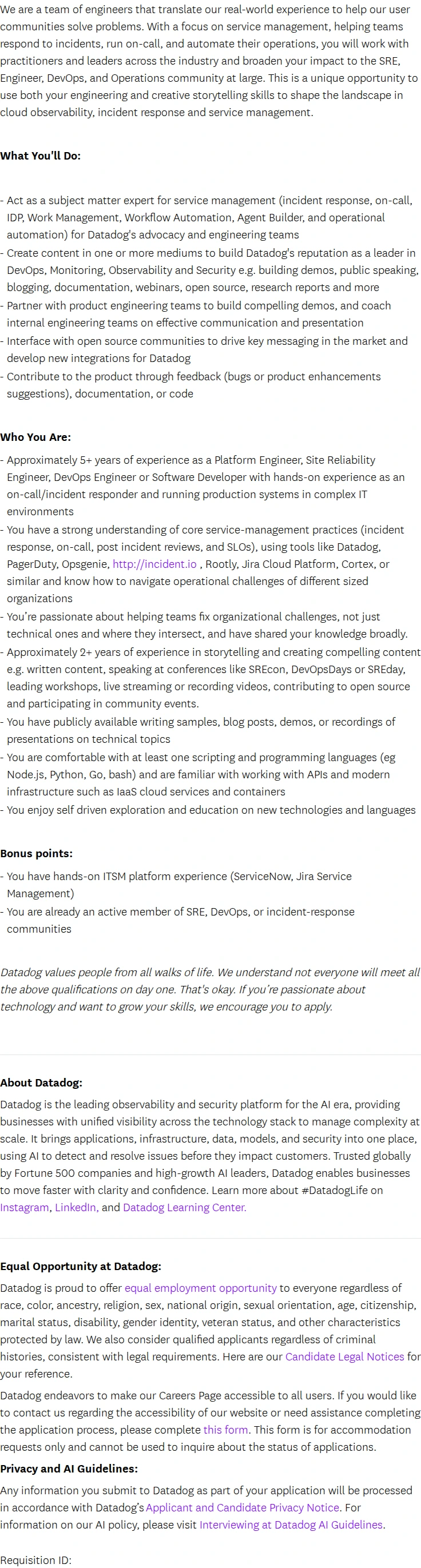 데이터독 Developer Advocate - Service Management EMEA 채용공고