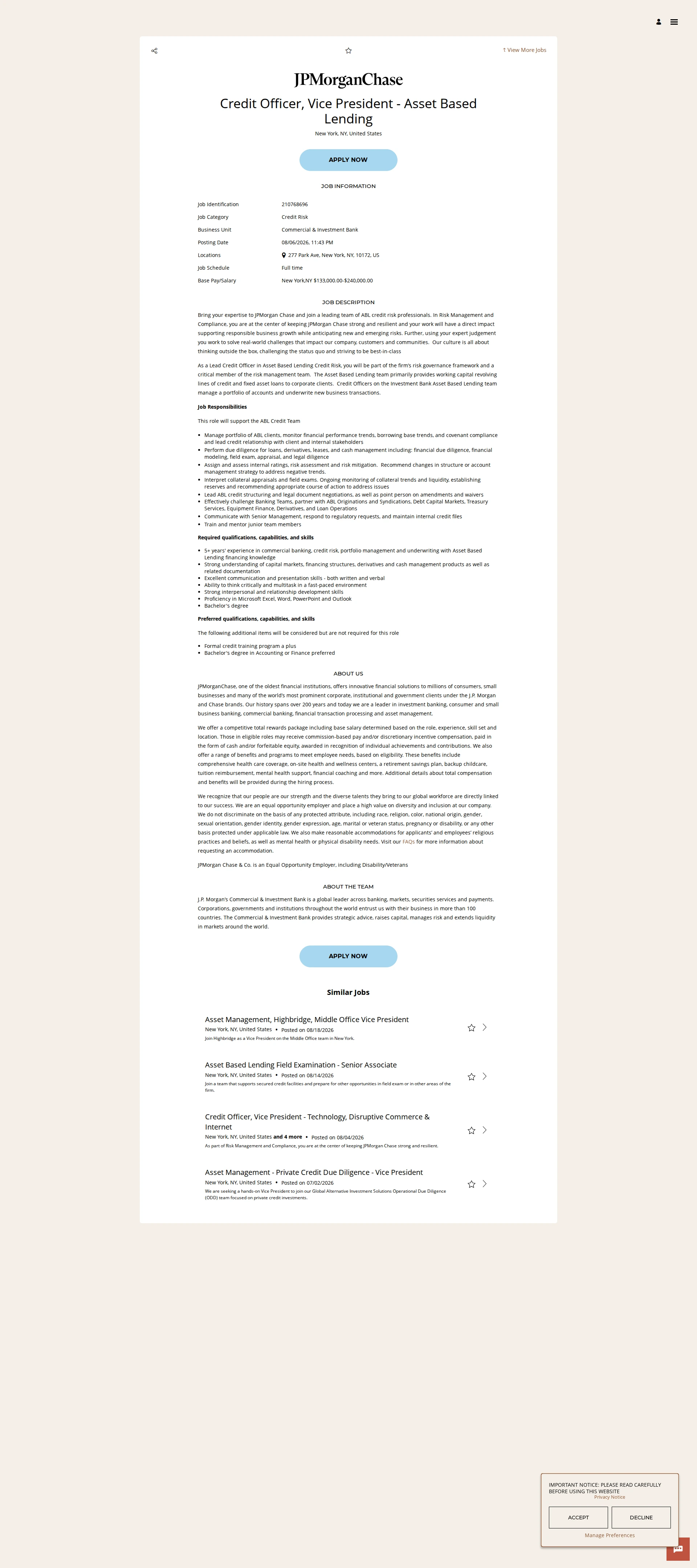 JPMorganChase Credit Officer, Vice President - Asset Based Lending 채용공고