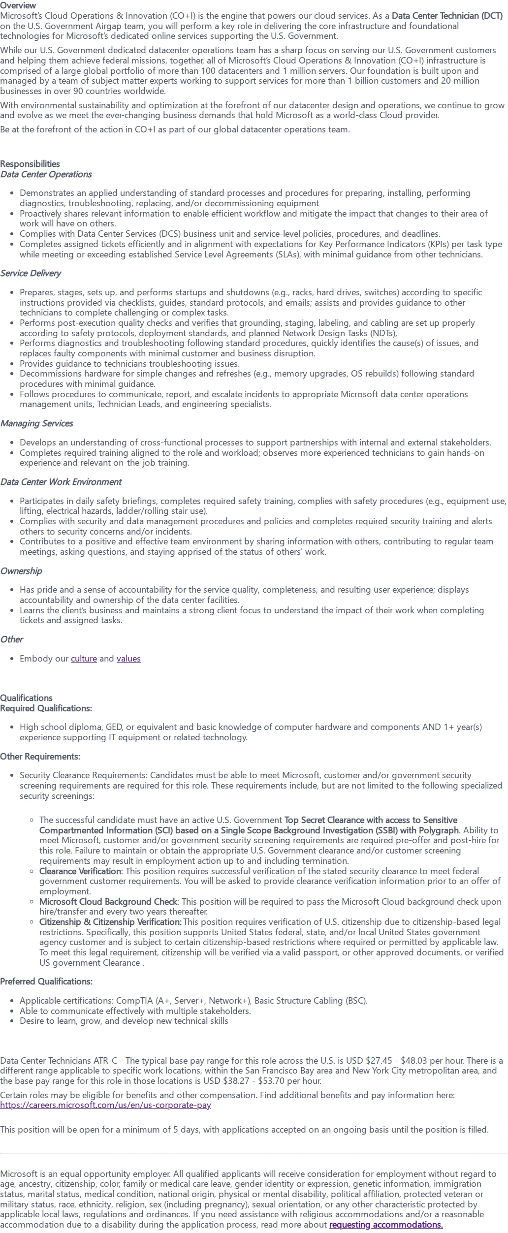 마이크로소프트(Microsoft) Data Center Technician (Night Shift) - CTJ - Poly 채용공고