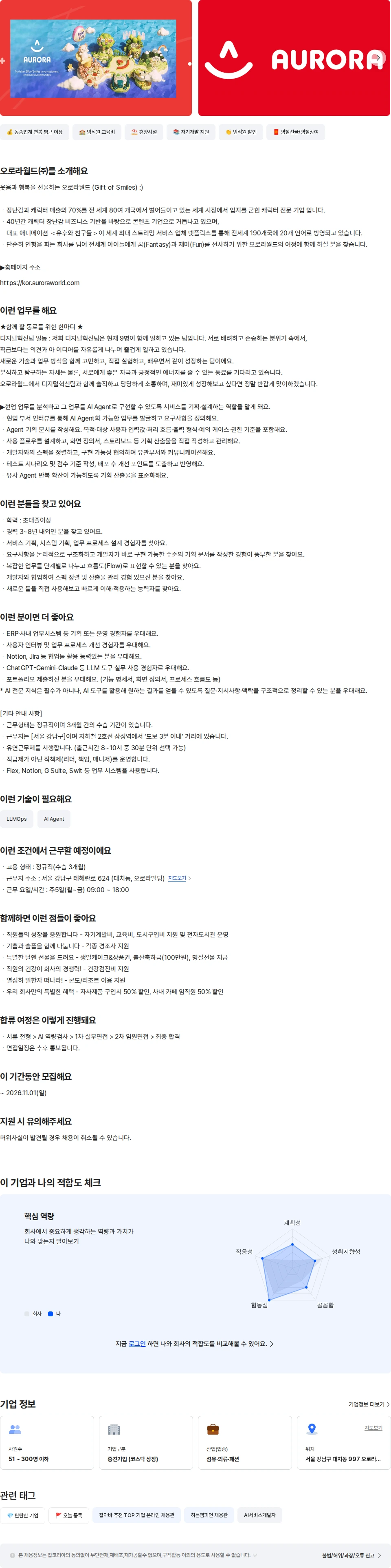 오로라월드 [디지털혁신팀] 웹/AI 에이전트 기획 담당자 채용공고