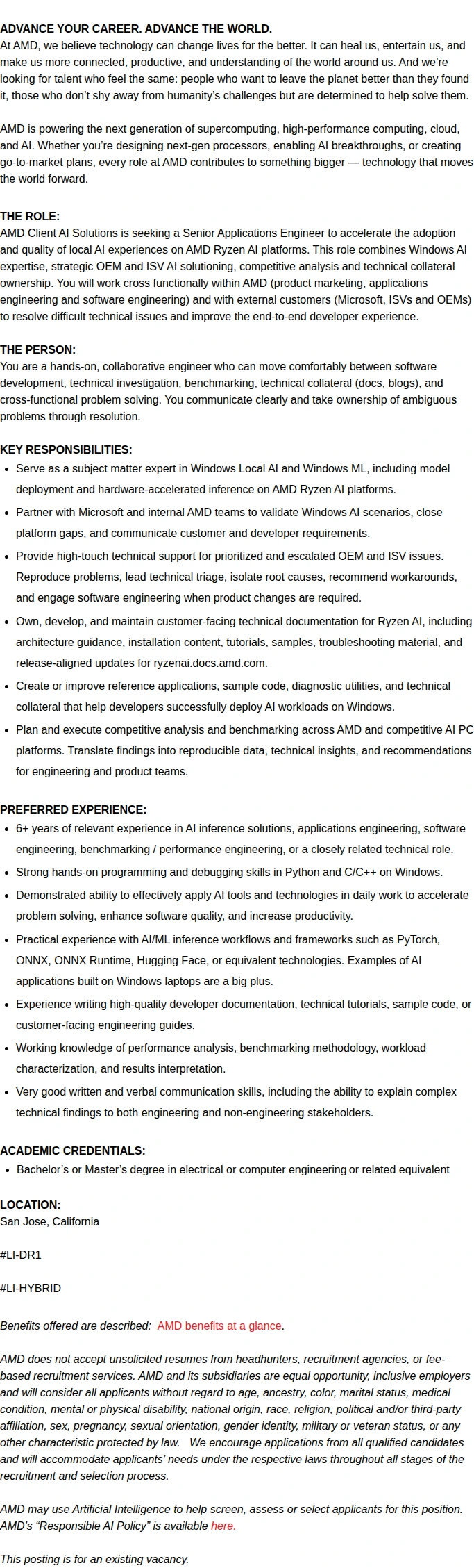 AMD Senior Product Application Engineer 채용공고