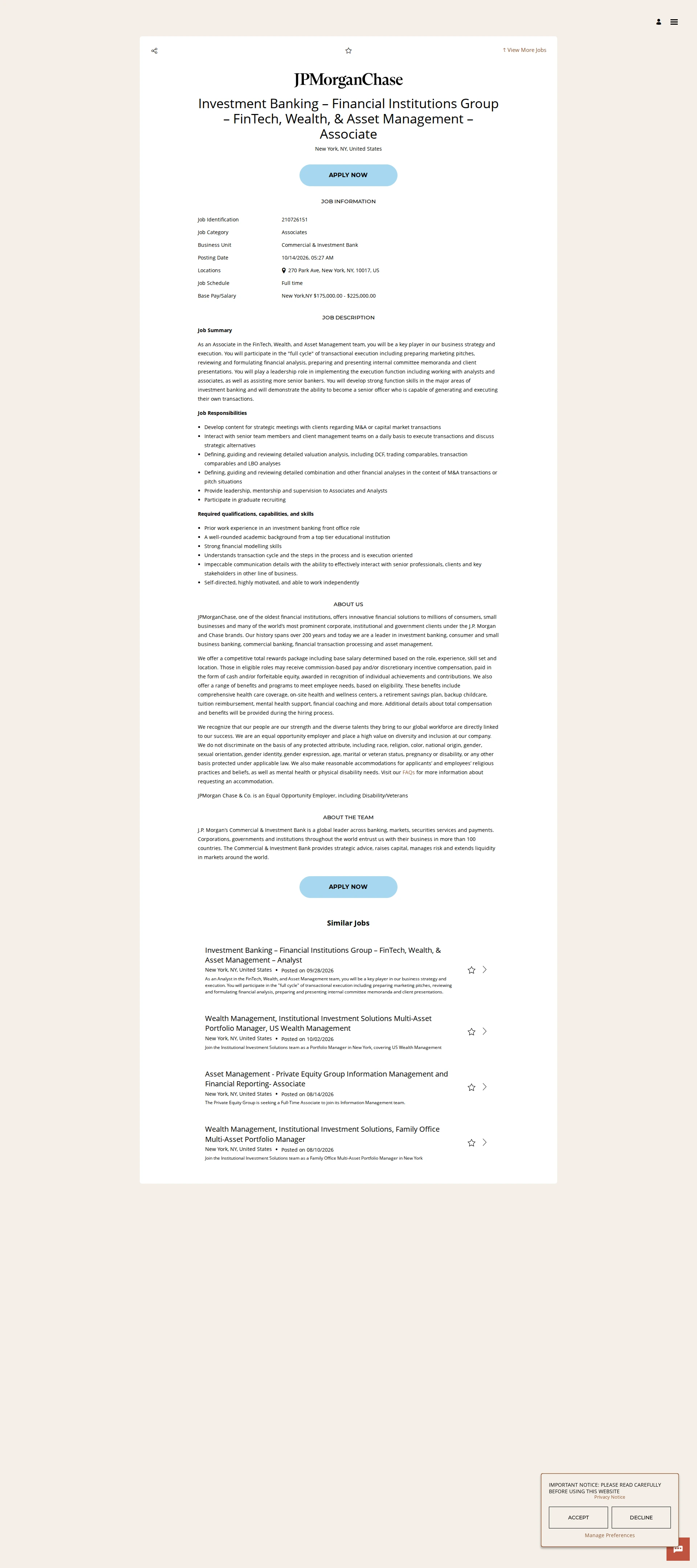 JPMorganChase Investment Banking – Financial Institutions Group – FinTech, Wealth, & Asset Management – Associate 채용공고